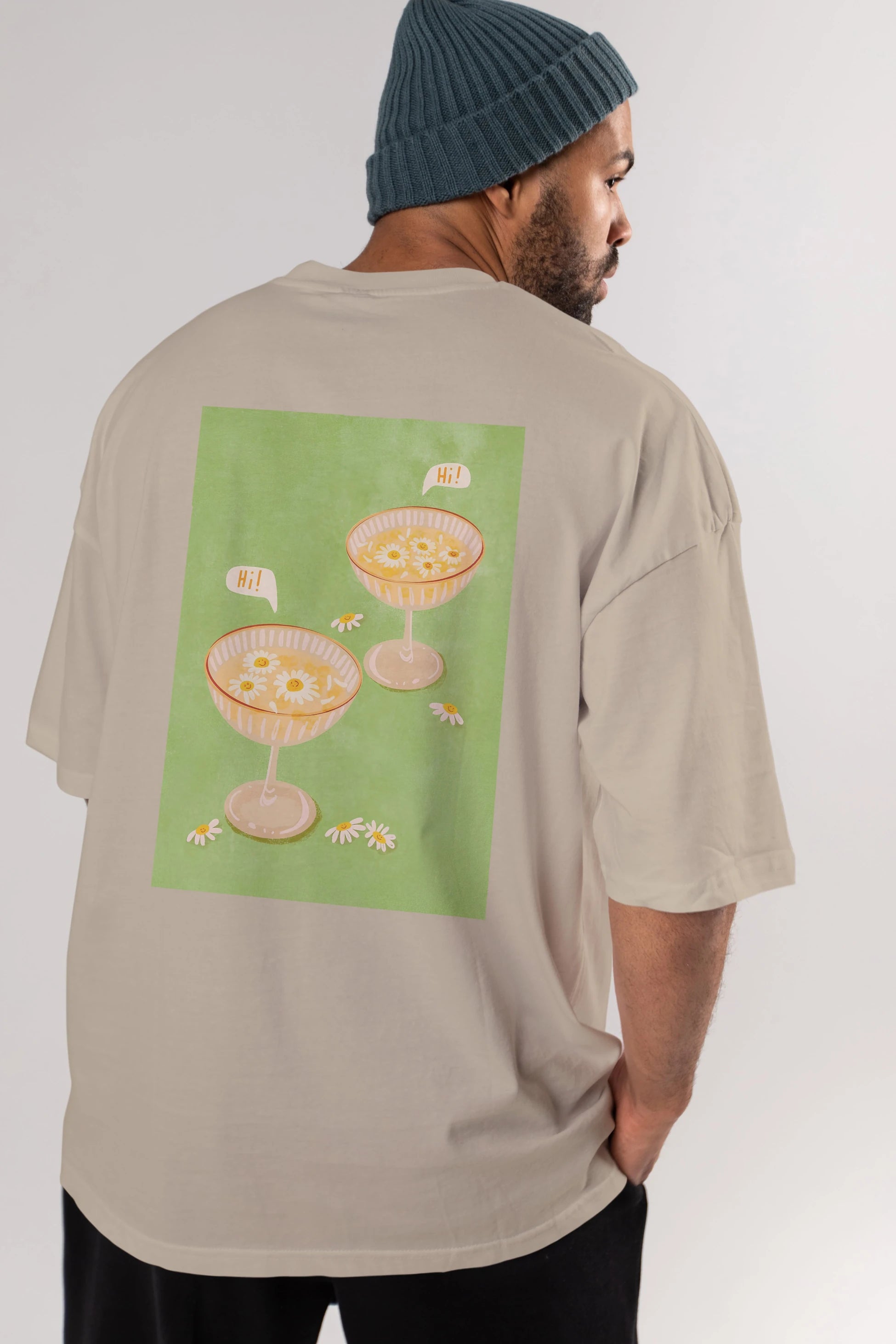 Hi Cheers Arka Baskılı Oversize t-shirt Erkek Kadın Unisex %100 Pamuk Bisiklet Yaka tişort