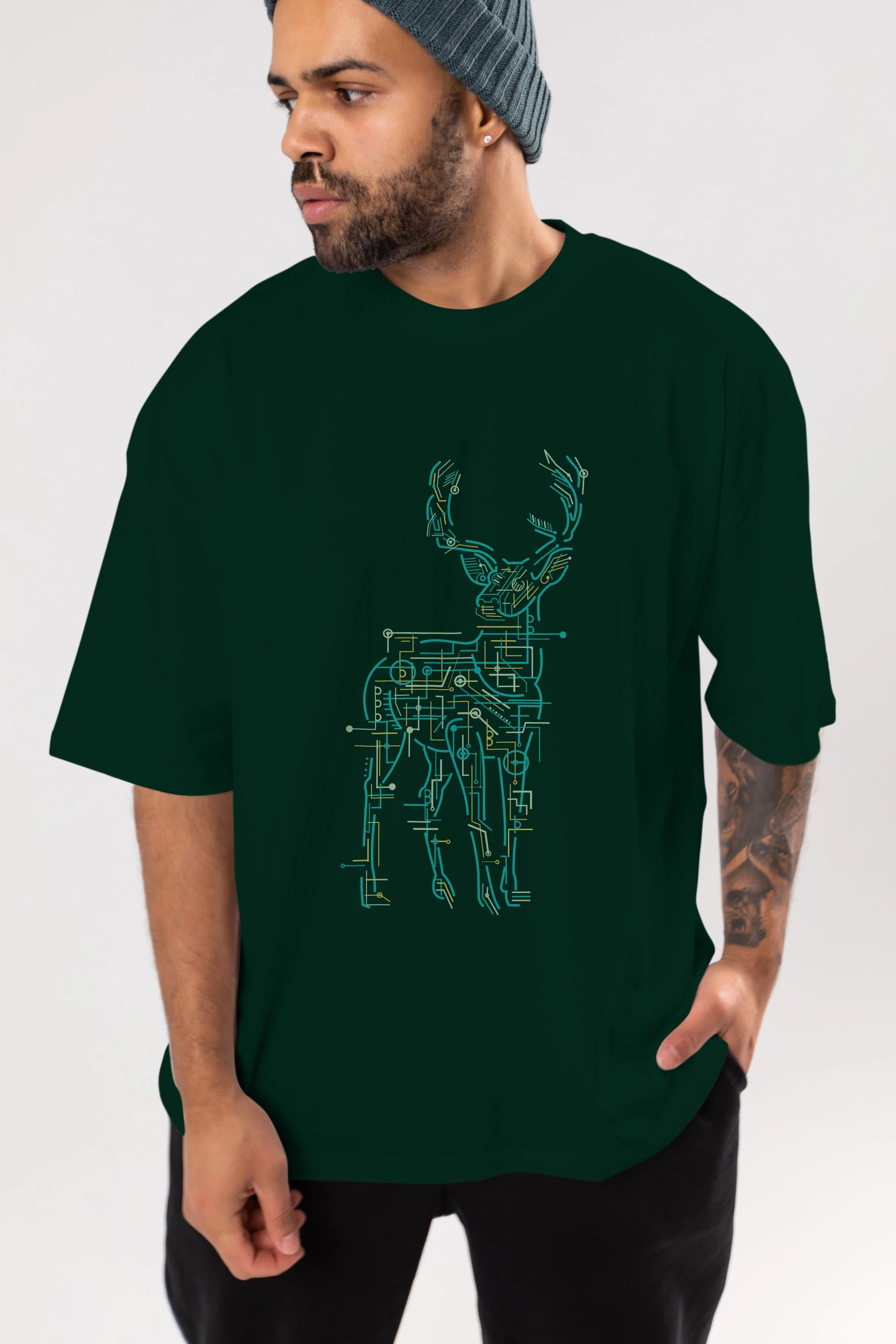 Electric Deer Ön Baskılı Oversize t-shirt %100 pamuk Erkek Kadın Unisex