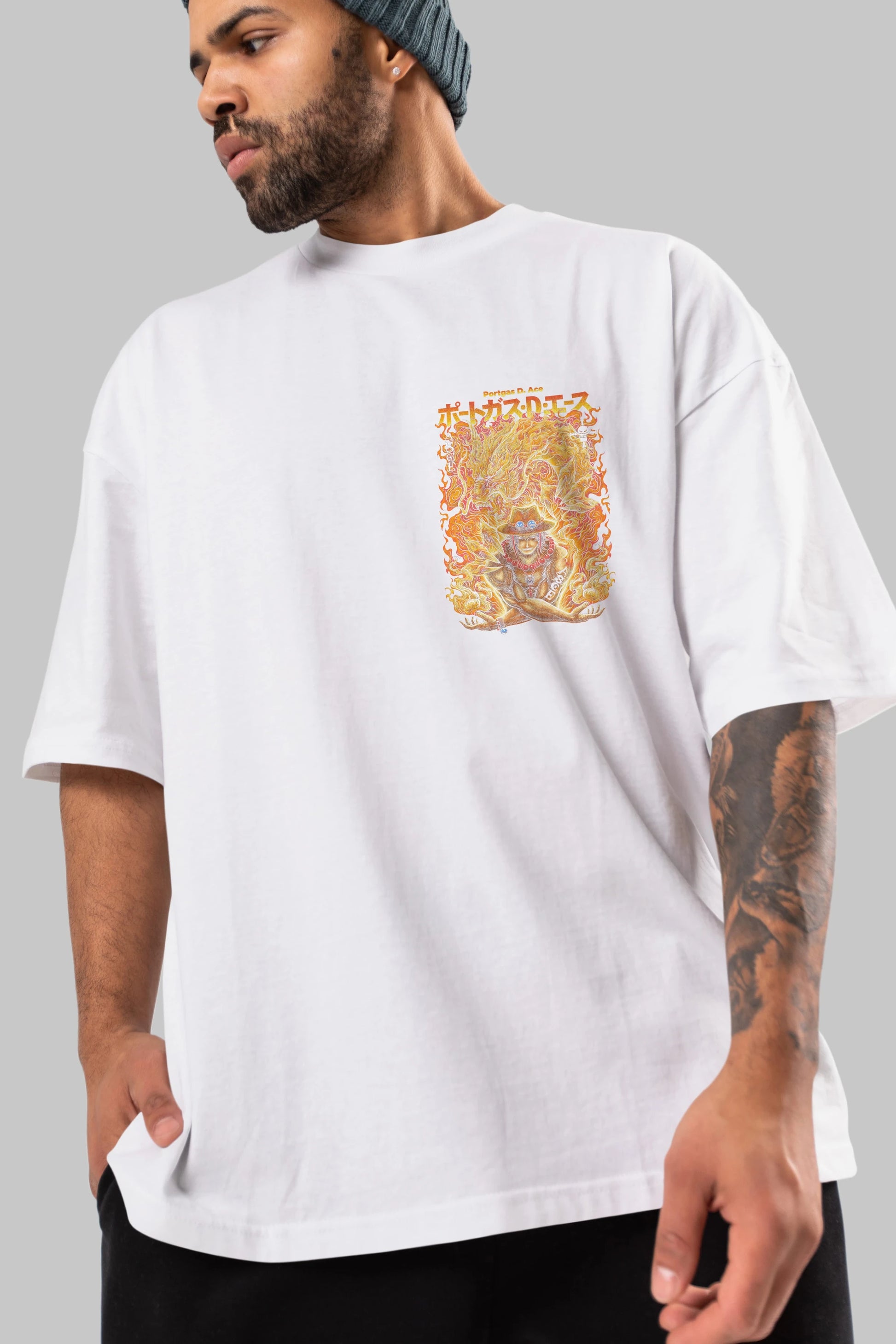 PORTGAS D. ACE Ön Sol Baskılı Oversize t-shirt Erkek Kadın Unisex %100 Pamuk Bisiklet Yaka tişort