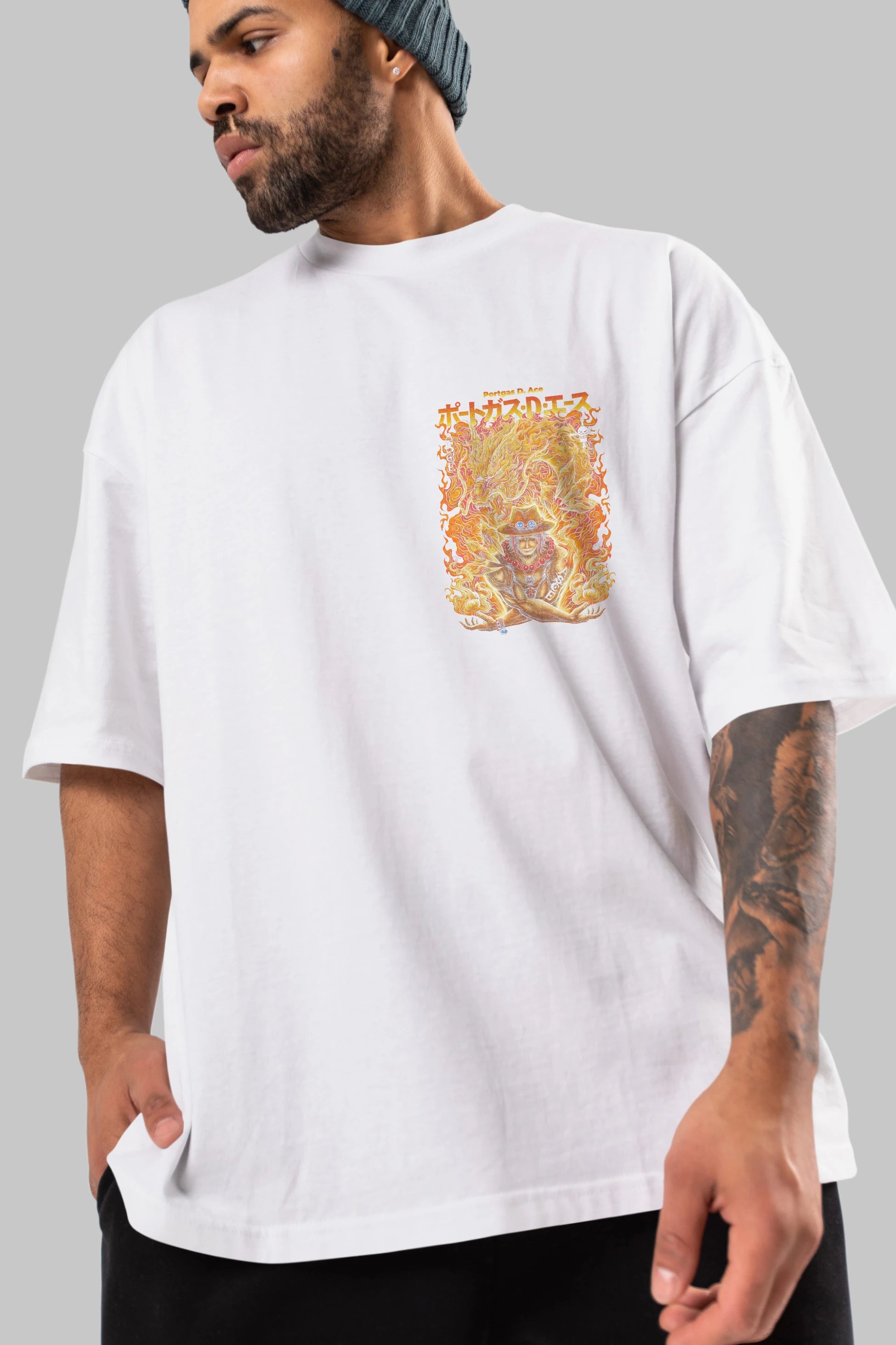 PORTGAS D. ACE Ön Sol Baskılı Oversize t-shirt Erkek Kadın Unisex %100 Pamuk Bisiklet Yaka tişort