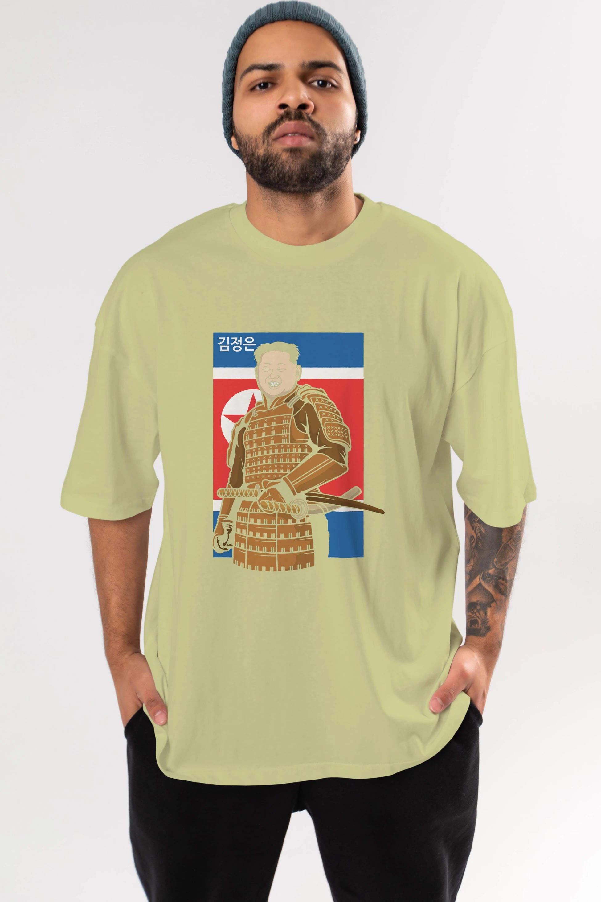 Samurai Jong Un Ön Baskılı Oversize t-shirt Erkek Kadın Unisex %100 Pamuk tişort