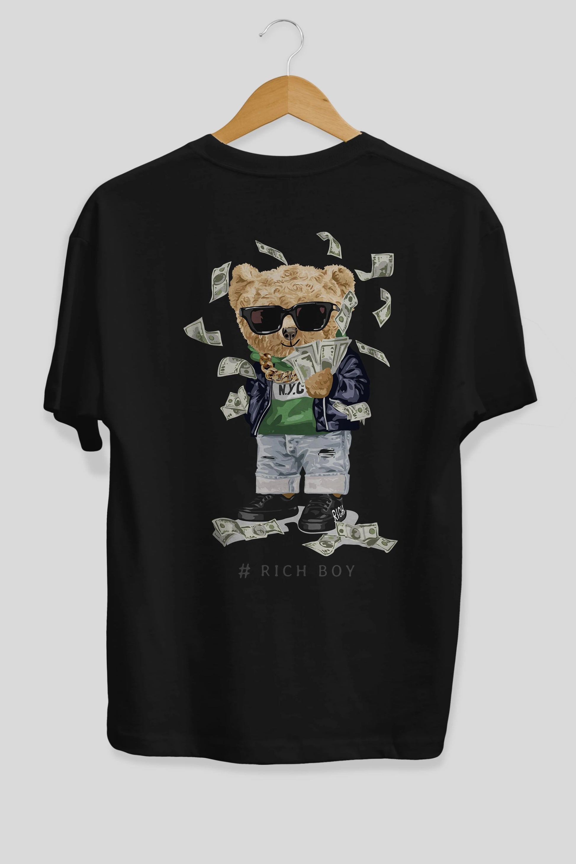Teddy Bear Rich Boy Arka Baskılı Oversize t-shirt Erkek Kadın Unisex %100 Pamuk