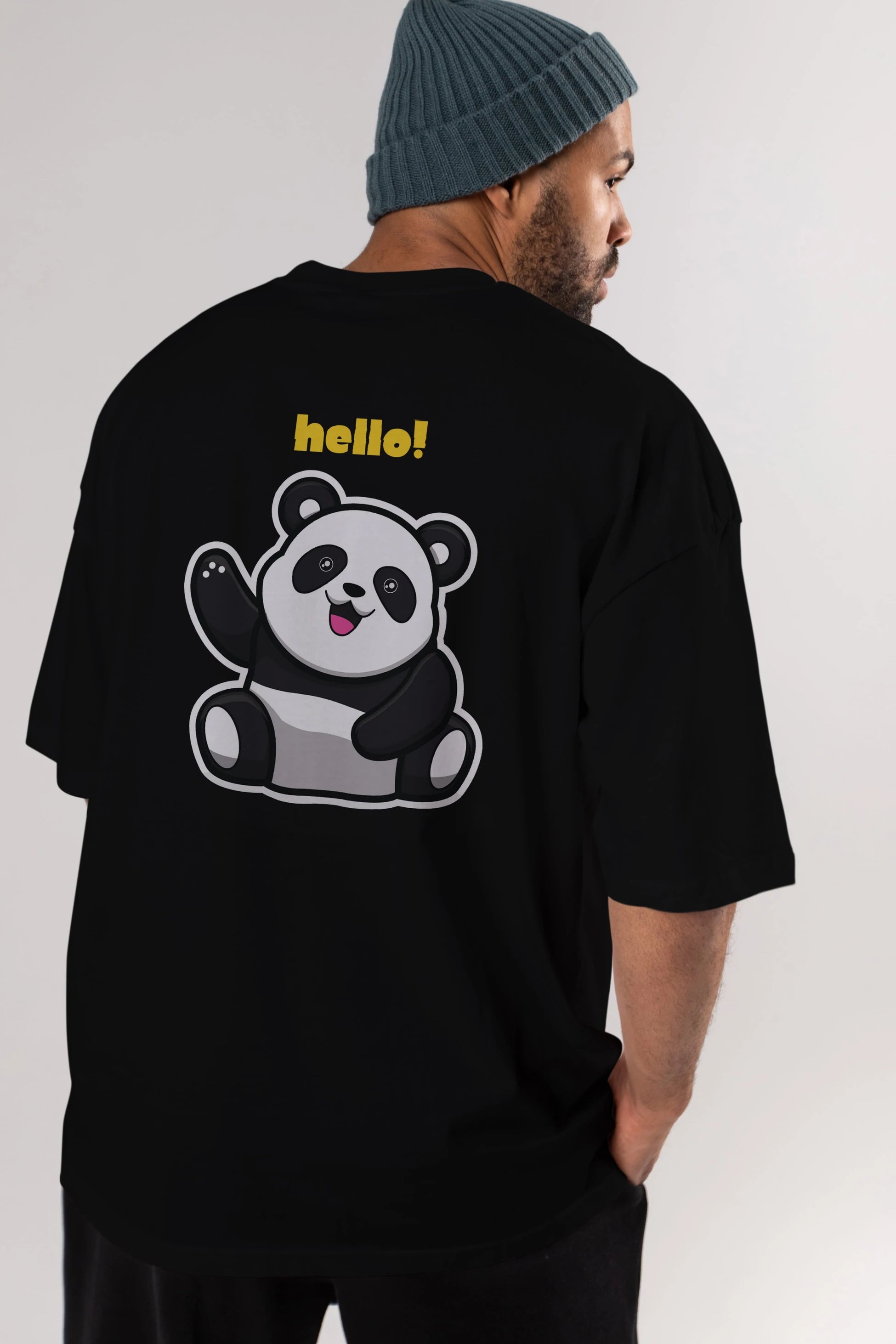 Hello Panda Arka Baskılı Oversize t-shirt Erkek Kadın Unisex