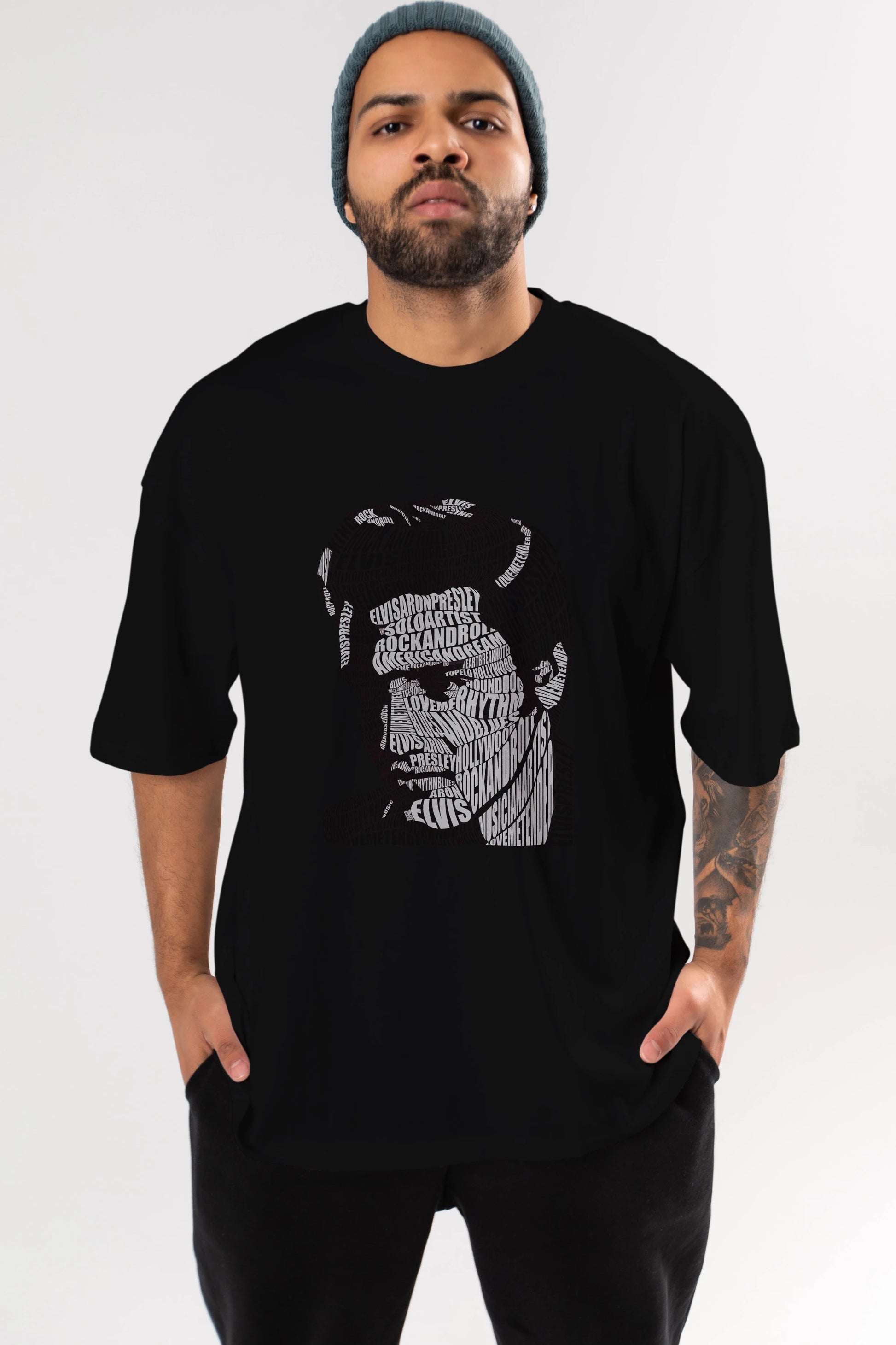 Elvis Presley Calligram Ön Baskılı Oversize t-shirt %100 pamuk Erkek Kadın Unisex