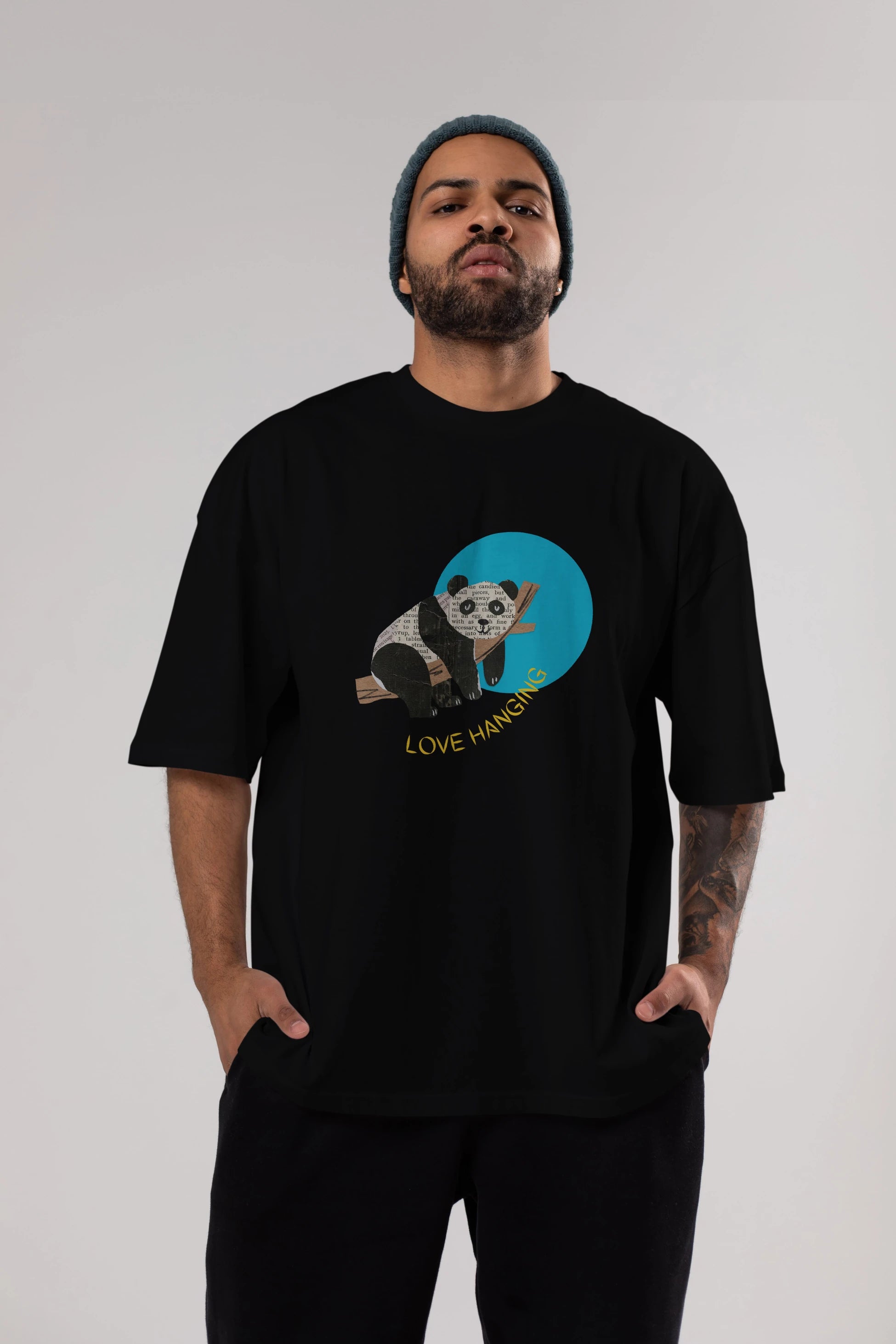 Panda Love Hanging Ön Baskılı Oversize t-shirt Erkek Kadın Unisex