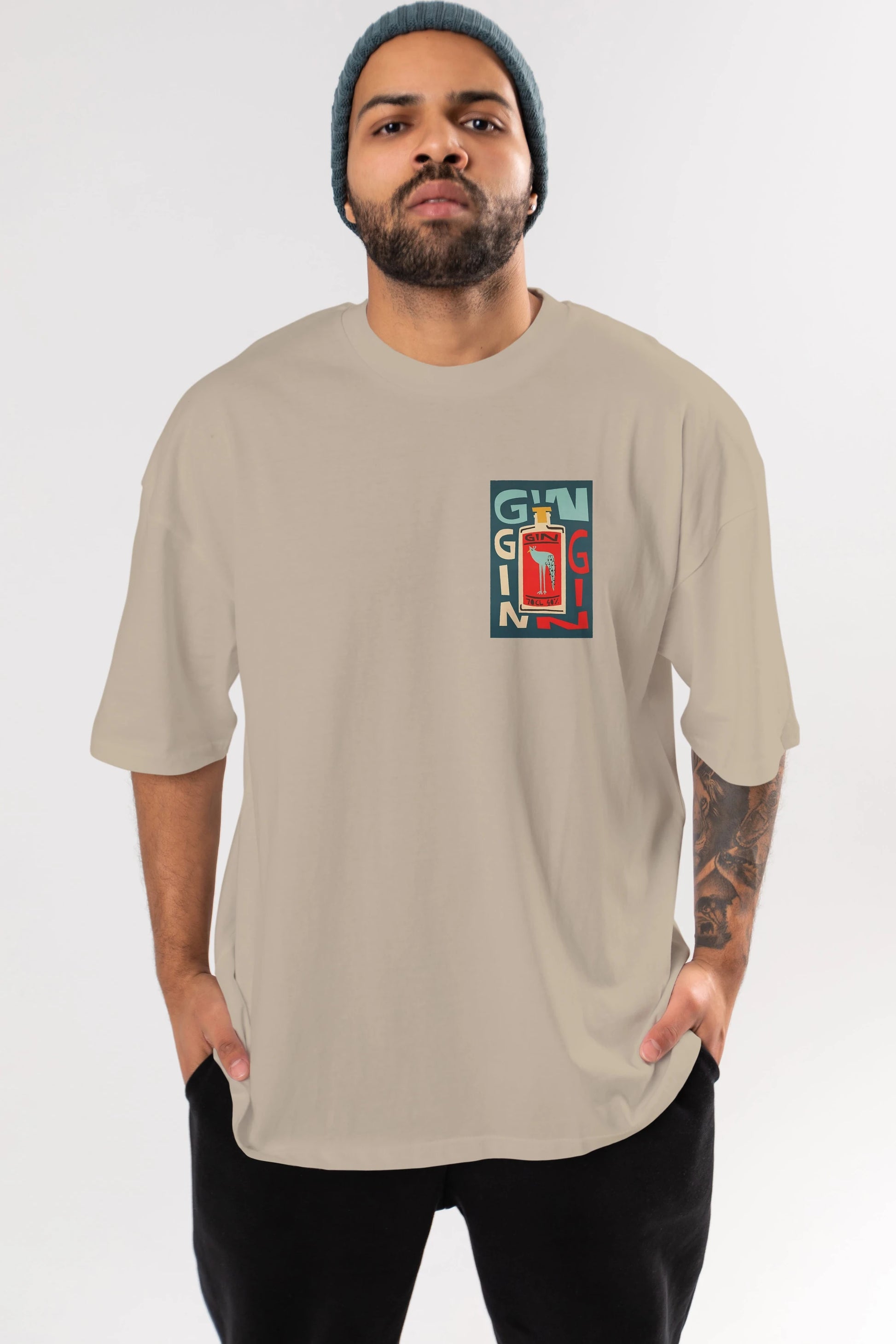 Gin 2 Ön Sol Baskılı Oversize t-shirt Erkek Kadın Unisex %100 Pamuk Bisiklet Yaka tişort