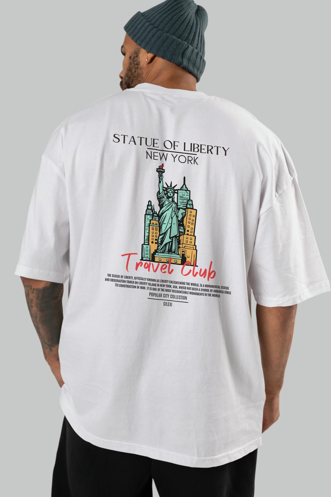Statue Of Liberty New York Arka Baskılı Oversize t-shirt Erkek Kadın Pamuk Bisiklet Yaka tişort