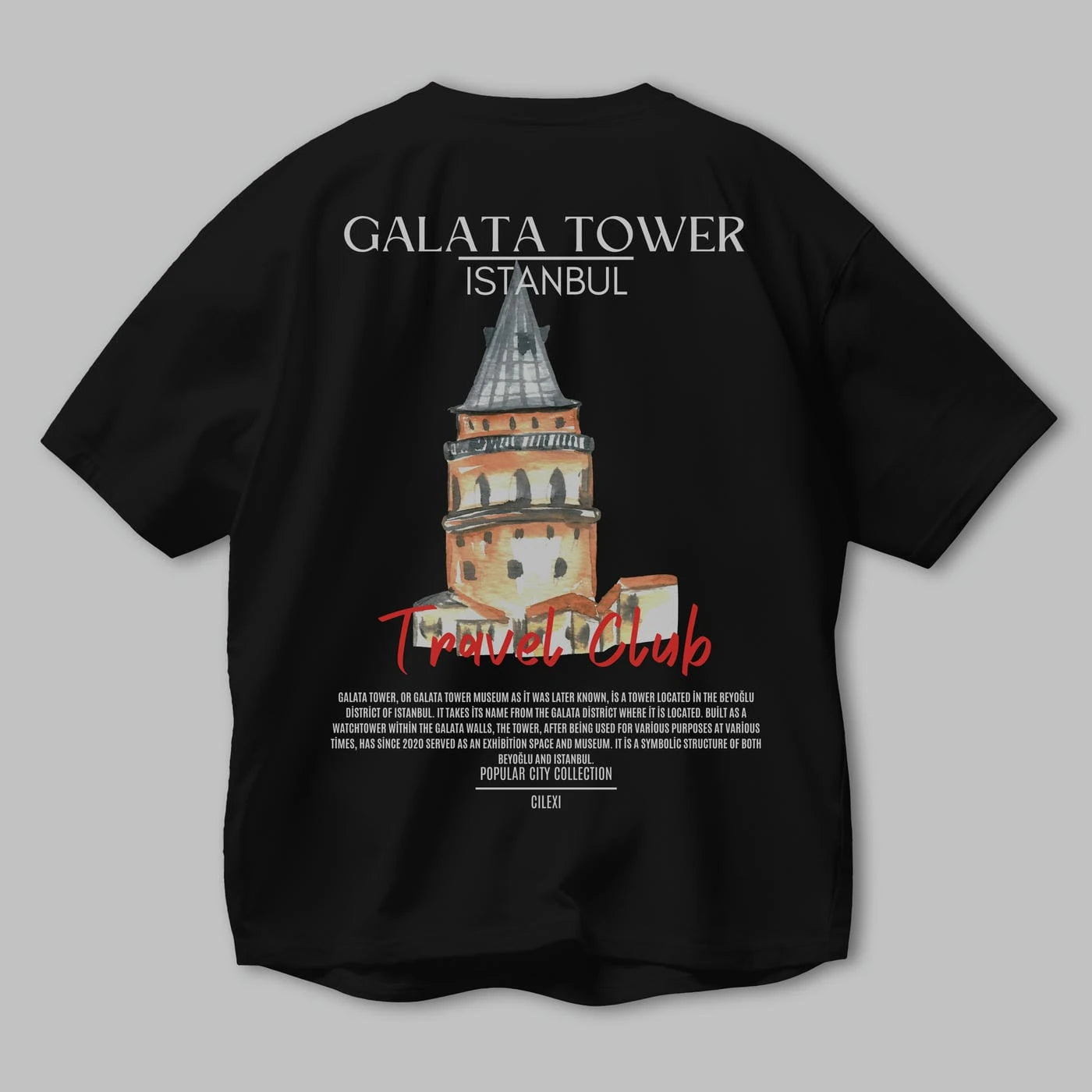 Galata Tower İstanbul Arka Baskılı Oversize t-shirt Erkek Kadın Pamuk Bisiklet Yaka tişort