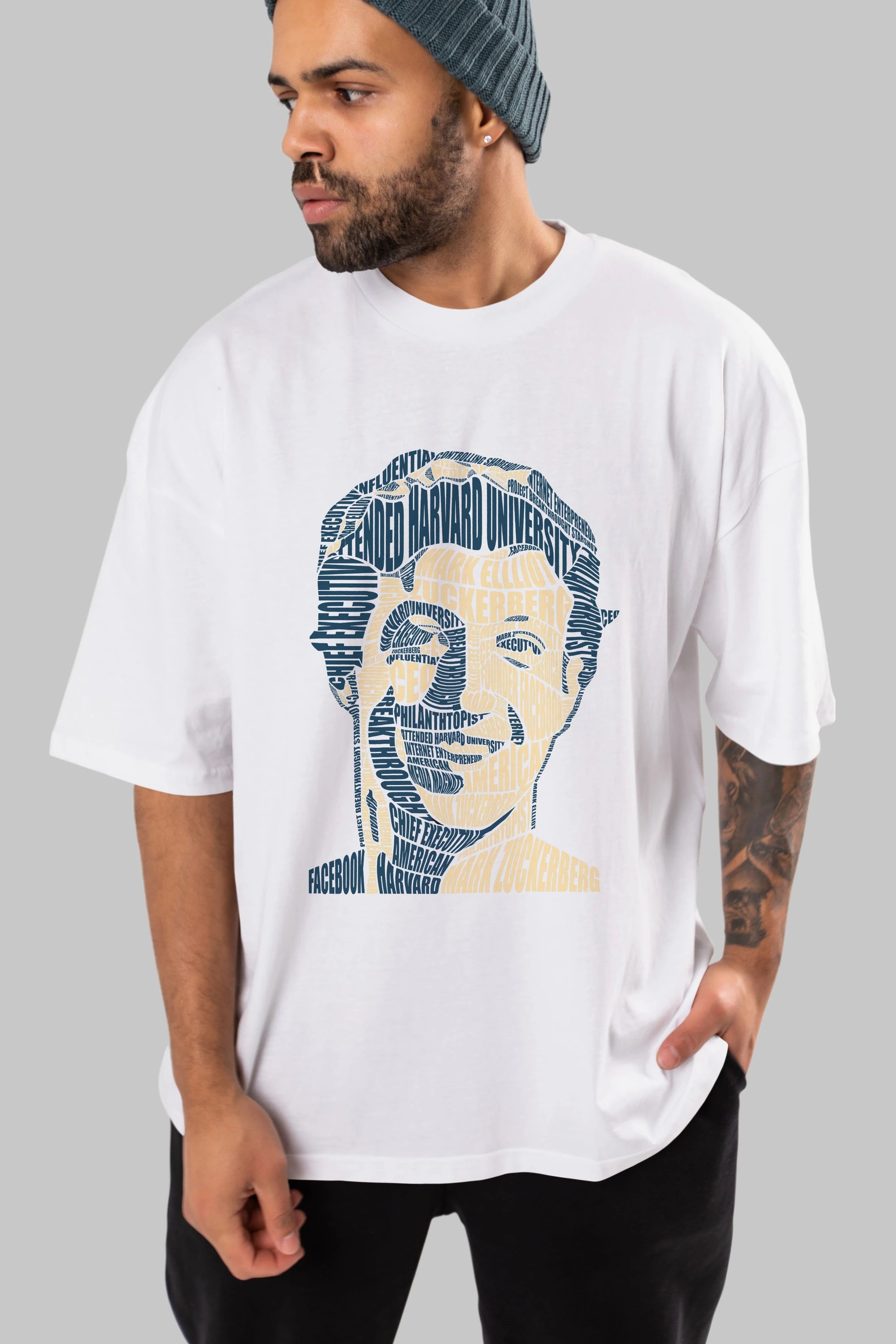 Mark Zuckerberg Calligram Ön Baskılı Oversize t-shirt %100 pamuk Erkek Kadın Unisex