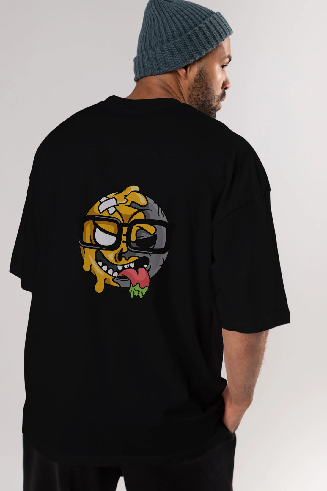 Smiley Nerd Arka Baskılı Oversize t-shirt Erkek Kadın Unisex %100 Pamuk tişort