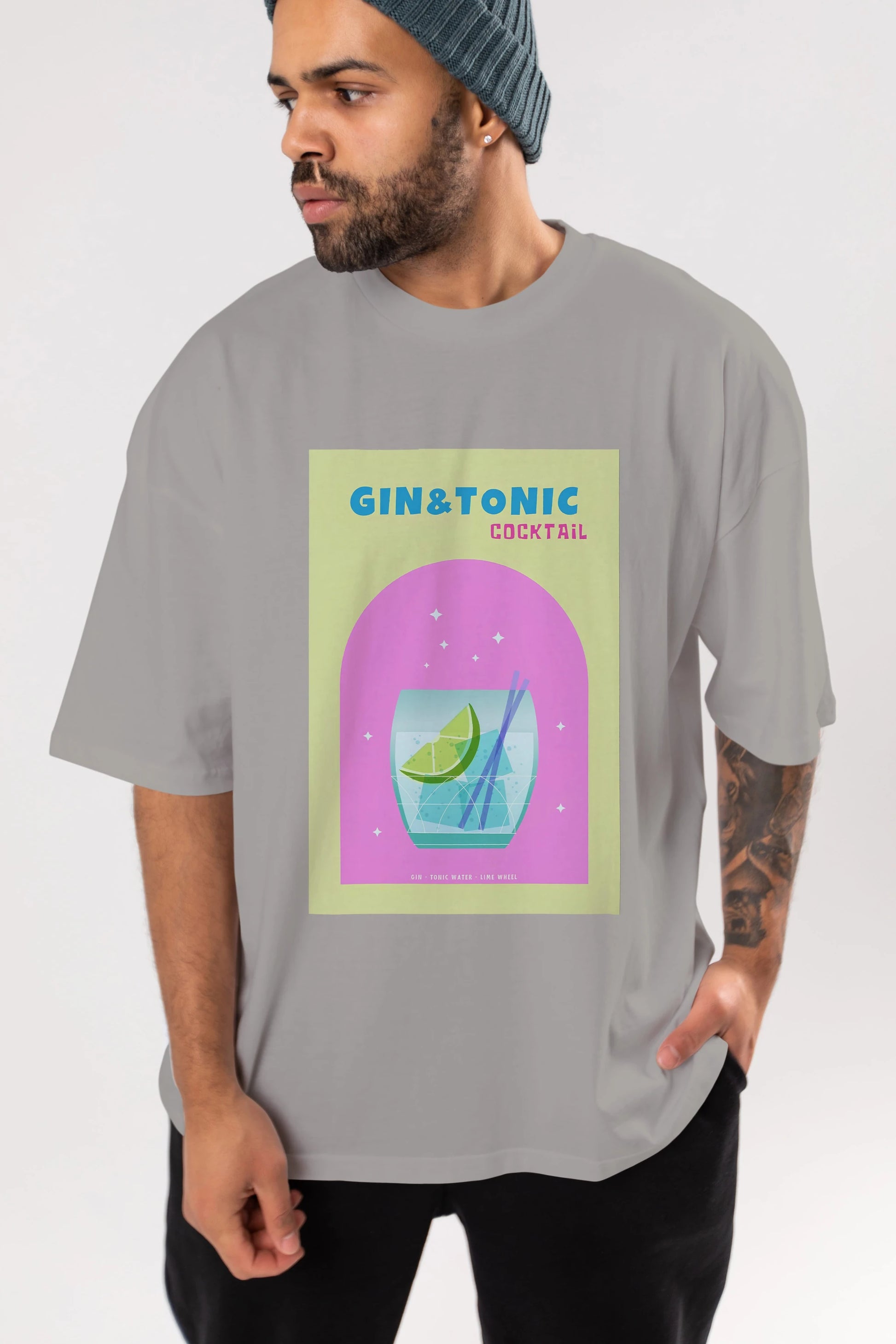 Gin Tonic Cocktail Ön Baskılı Oversize t-shirt Erkek Kadın Unisex %100 Pamuk Bisiklet Yaka tişort