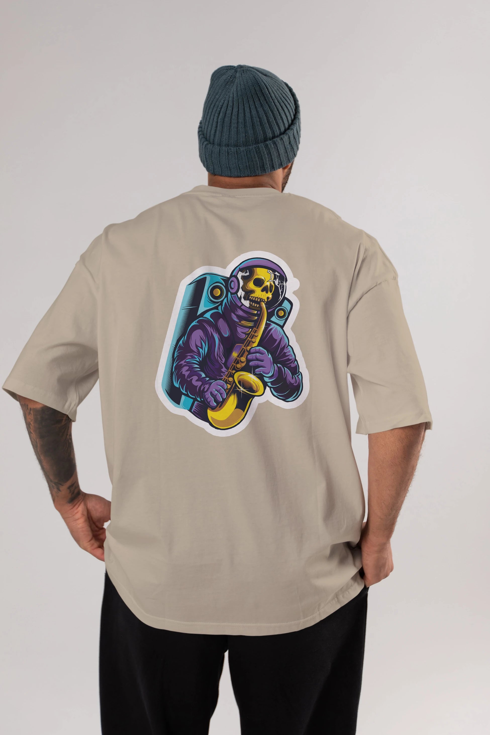 Astroskull Saxophonist Sticker Arka Baskılı Oversize t-shirt Erkek Kadın Unisex