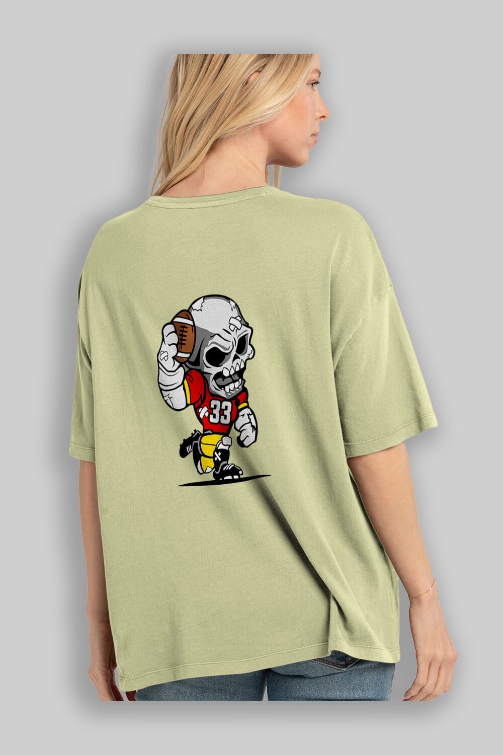 Skull Football Player Arka Baskılı Oversize t-shirt Erkek Kadın Unisex %100 Pamuk tişort