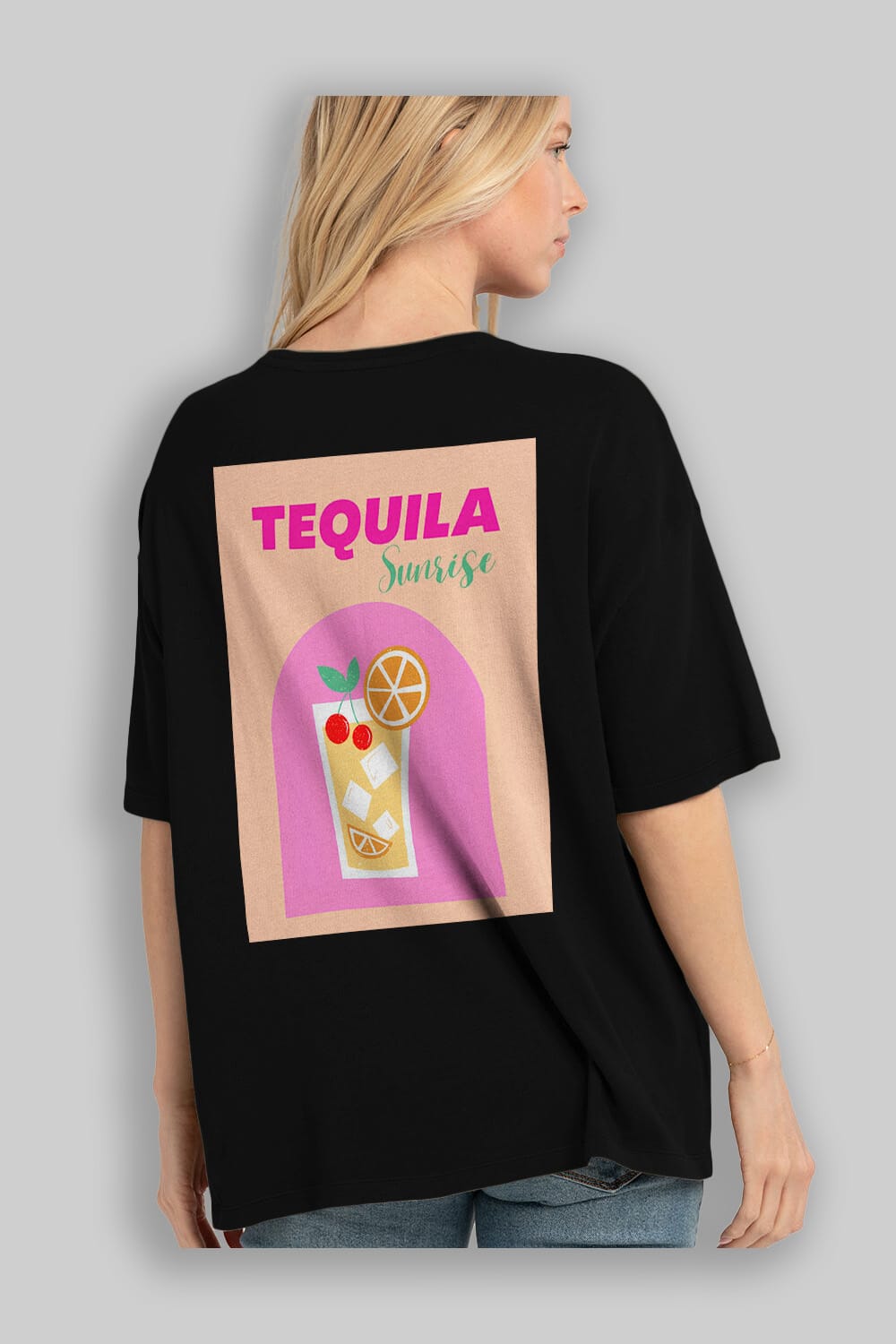 Tequila Sunrise 2 Arka Baskılı Oversize t-shirt Erkek Kadın Unisex %100 Pamuk Bisiklet Yaka tişort