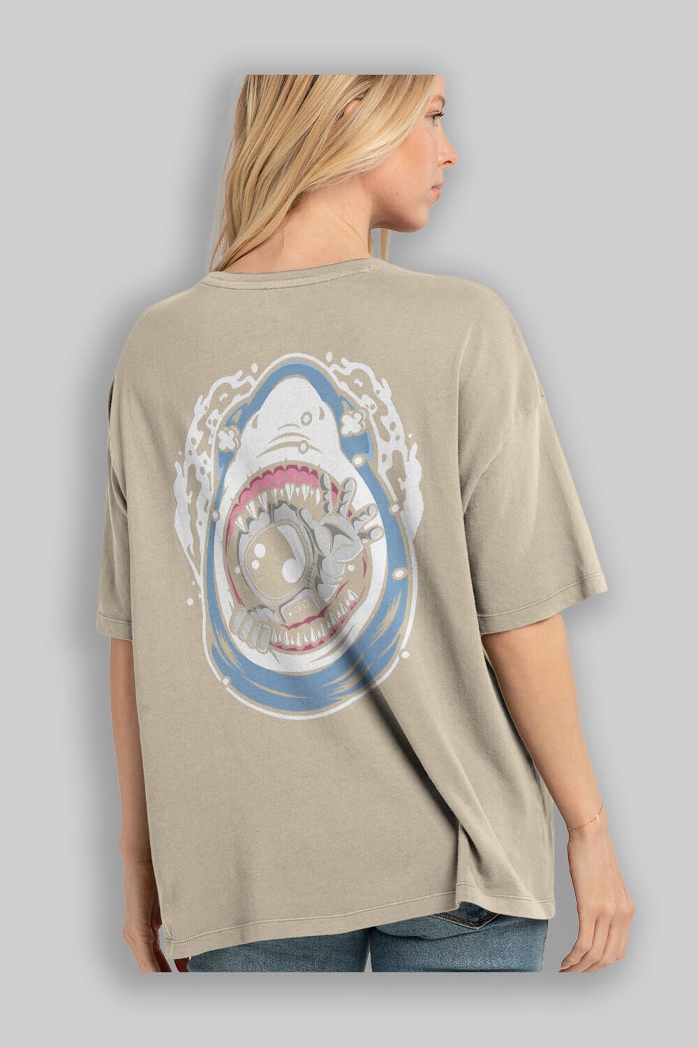Astronaut Shark Arka Baskılı Oversize t-shirt Erkek Kadın Unisex