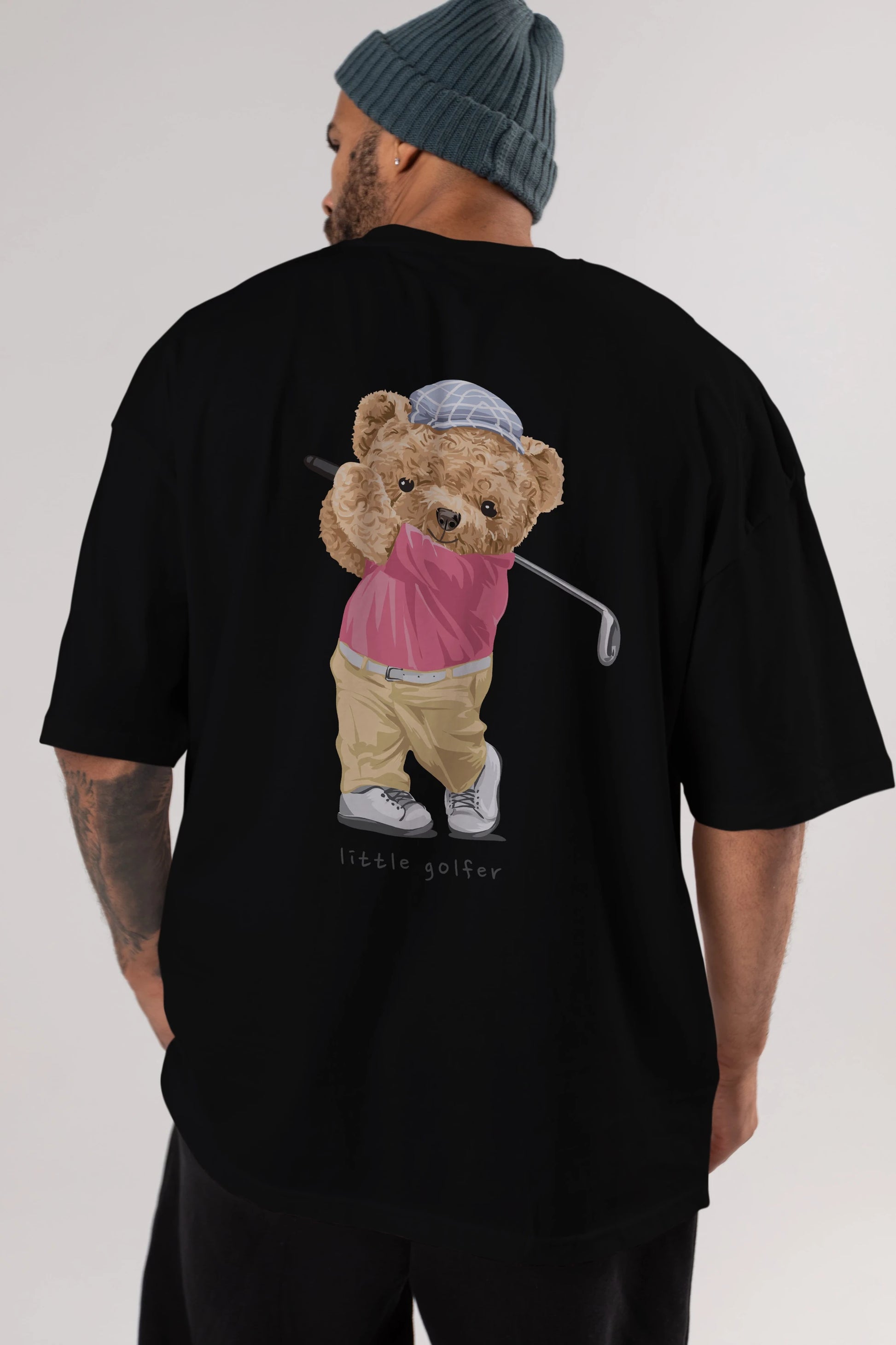Teddy Bear Little Golfer Arka Baskılı Oversize t-shirt Erkek Kadın Unisex %100 Pamuk
