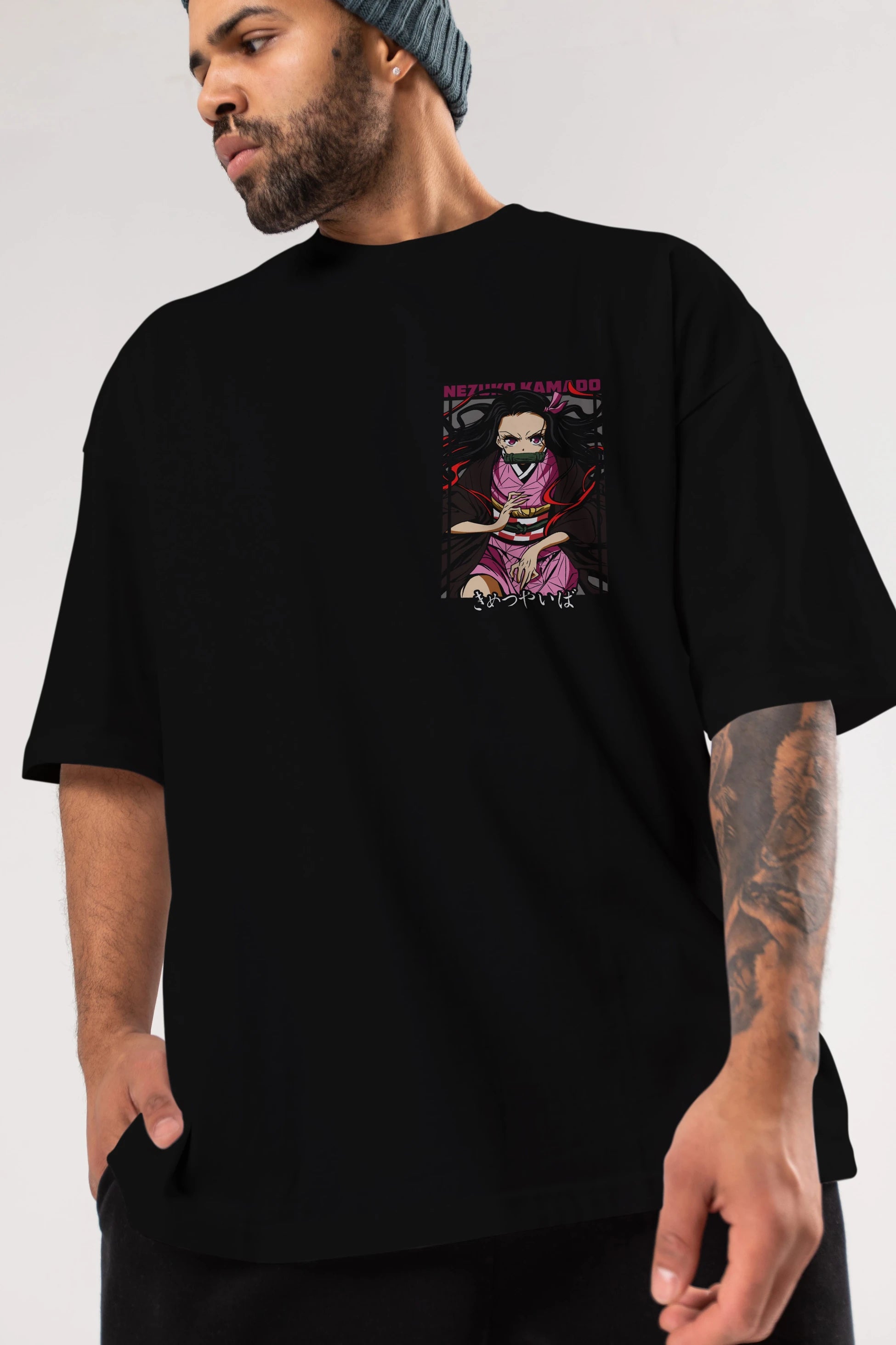Nezuko Kamado 1 Ön Sol Baskılı Oversize t-shirt Erkek Kadın Unisex %100 Pamuk Bisiklet Yaka tişort