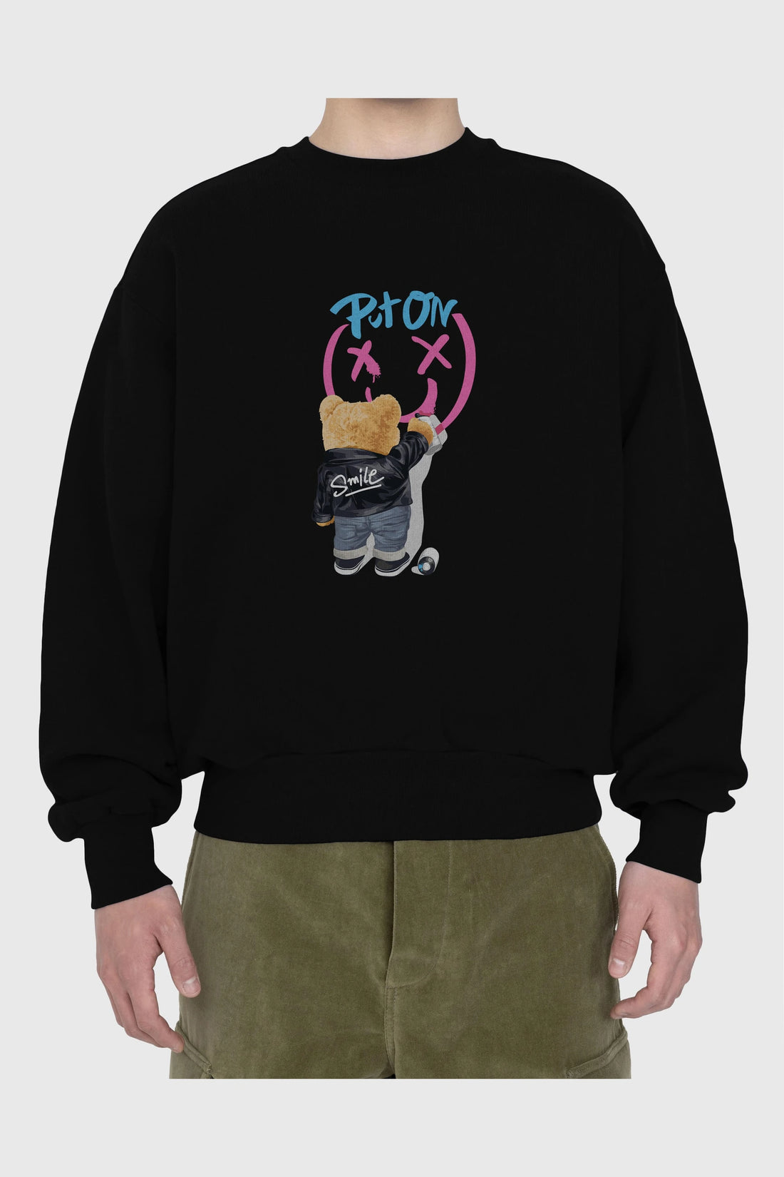 Put on Smile Bear Ön Baskılı Oversize Sweatshirt Erkek Kadın Unisex