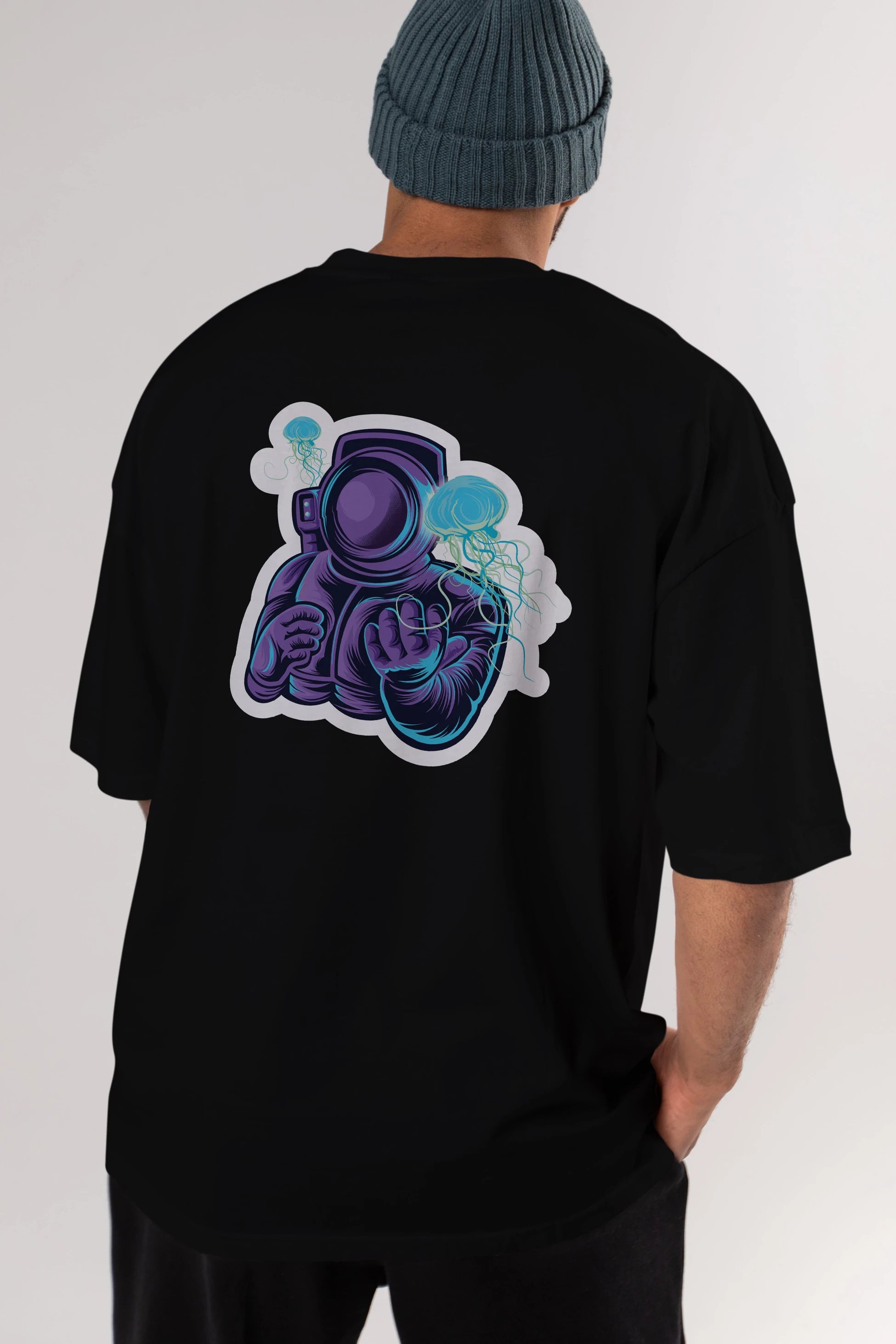 Astronaut and Jellyfish Sticker Arka Baskılı Oversize t-shirt Erkek Kadın Unisex