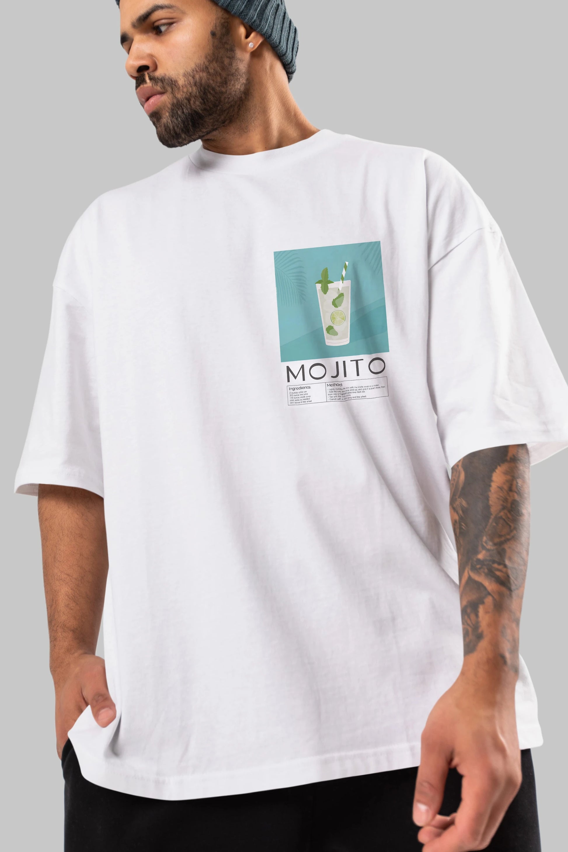 Mojito 4 Ön Sol Baskılı Oversize t-shirt Erkek Kadın Unisex %100 Pamuk Bisiklet Yaka tişort