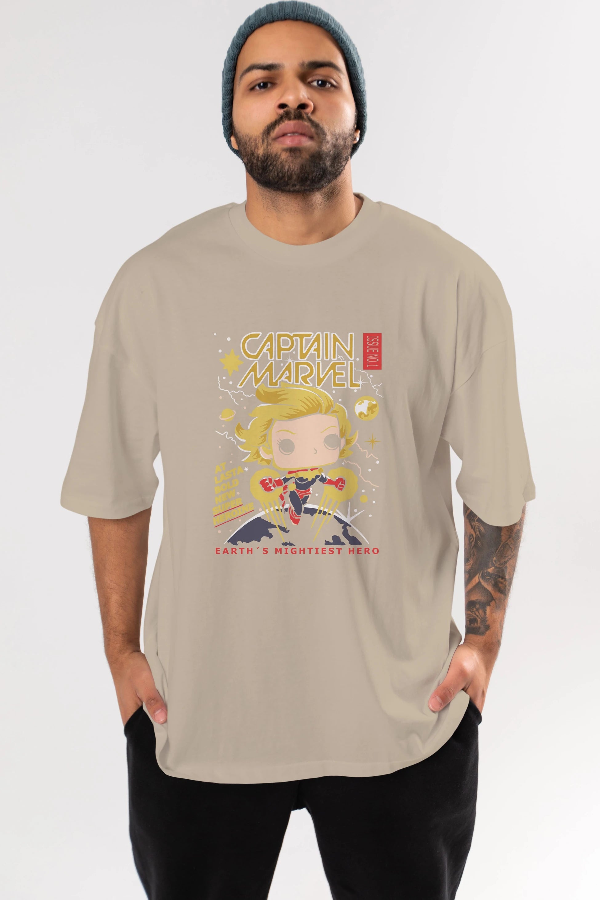 Captain Marvel Ön Baskılı Oversize t-shirt Erkek Kadın Unisex %100 Pamuk Bisiklet Yaka tişort