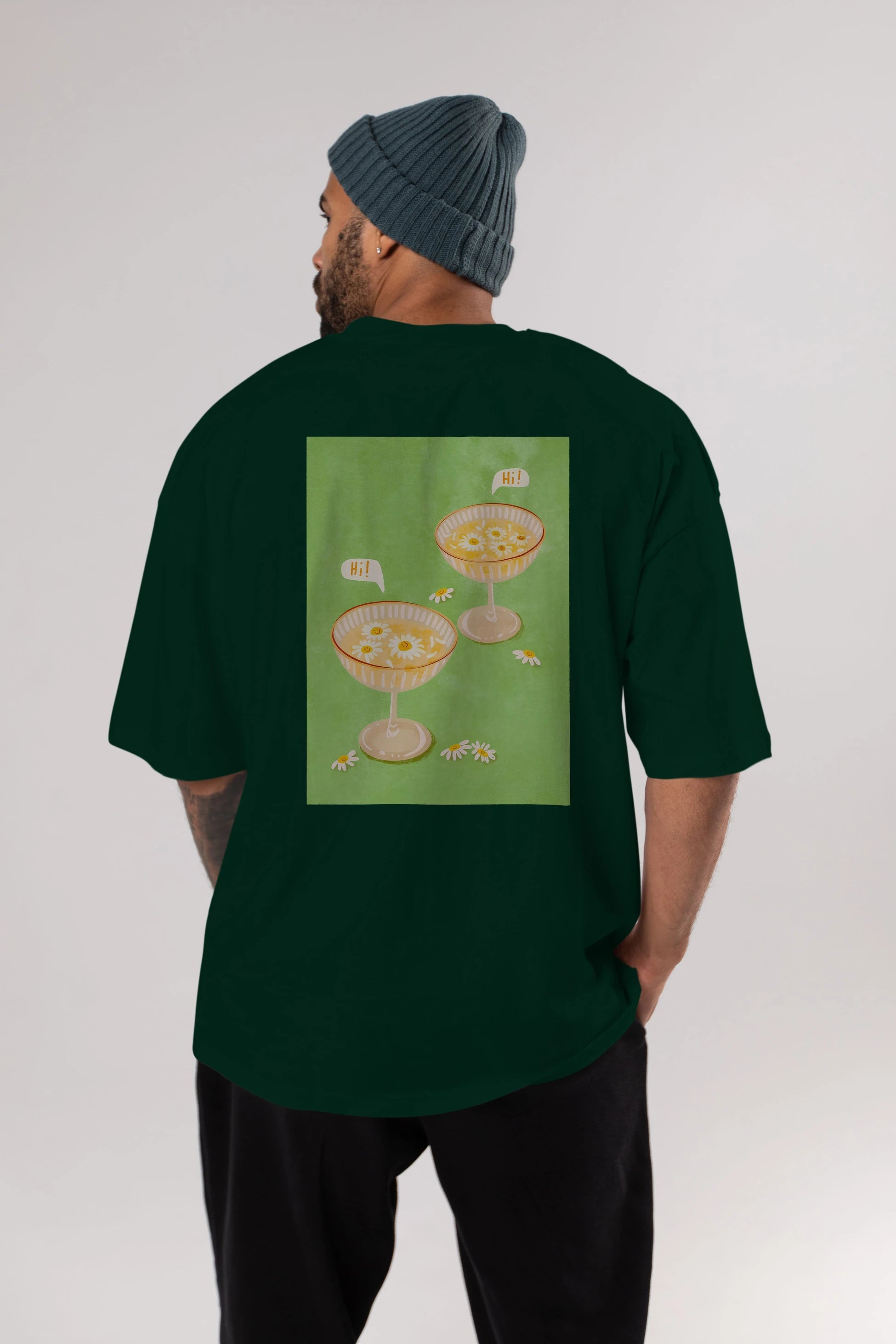 Hi Cheers Arka Baskılı Oversize t-shirt Erkek Kadın Unisex %100 Pamuk Bisiklet Yaka tişort