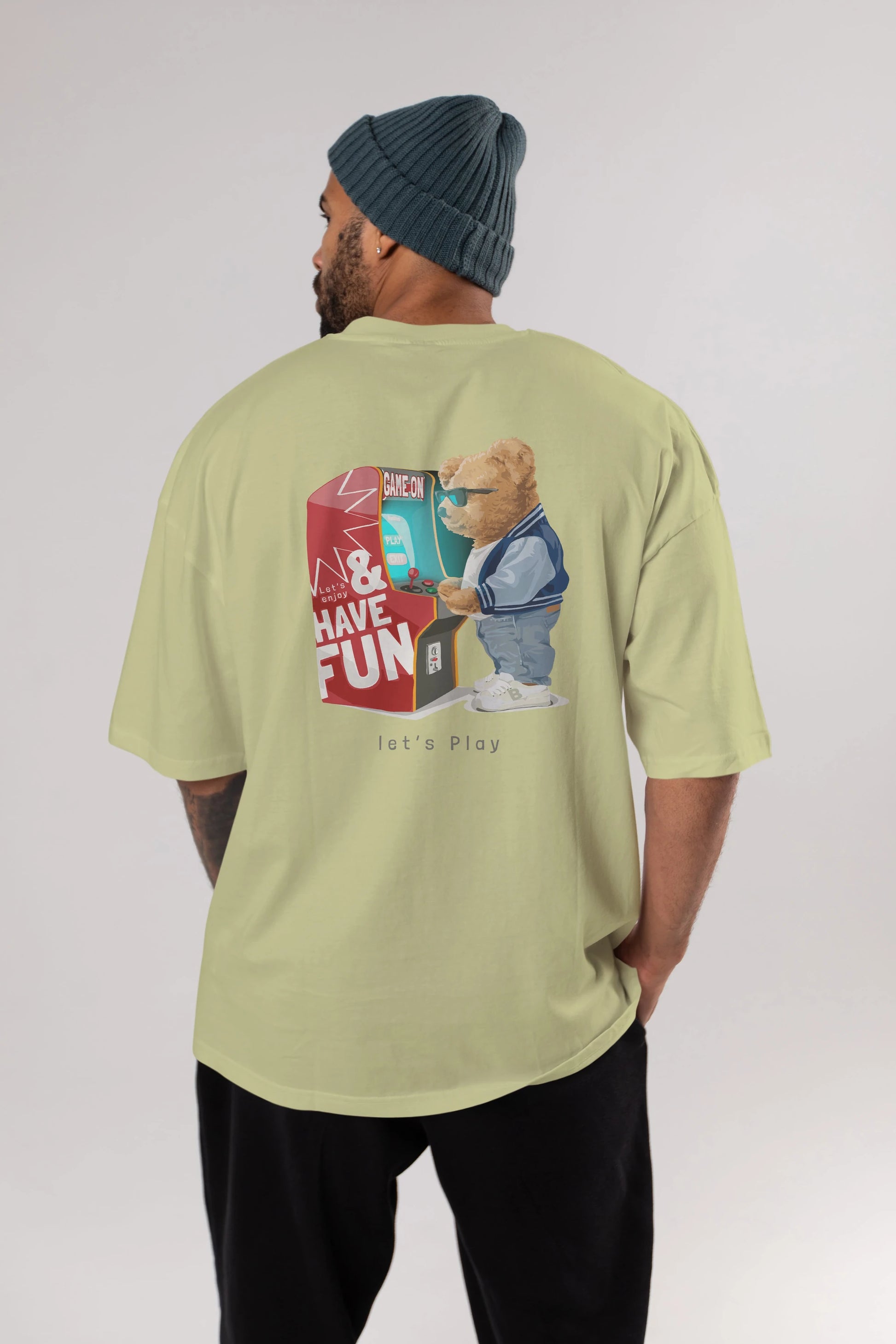 Teddy Bear Lets Play Arka Baskılı Oversize t-shirt Erkek Kadın Unisex %100 Pamuk