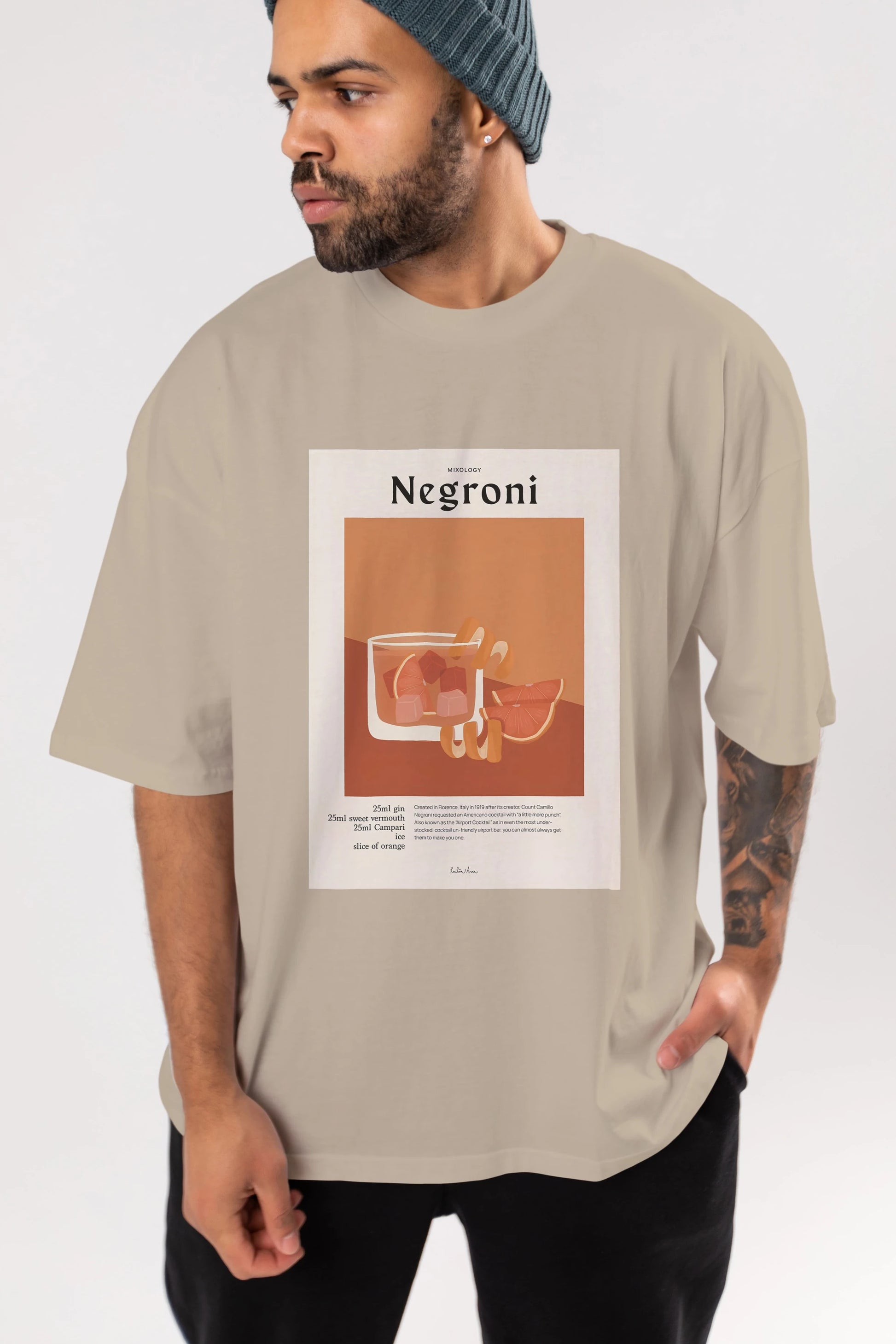 Mixology Negroni Ön Baskılı Oversize t-shirt Erkek Kadın Unisex %100 Pamuk Bisiklet Yaka tişort