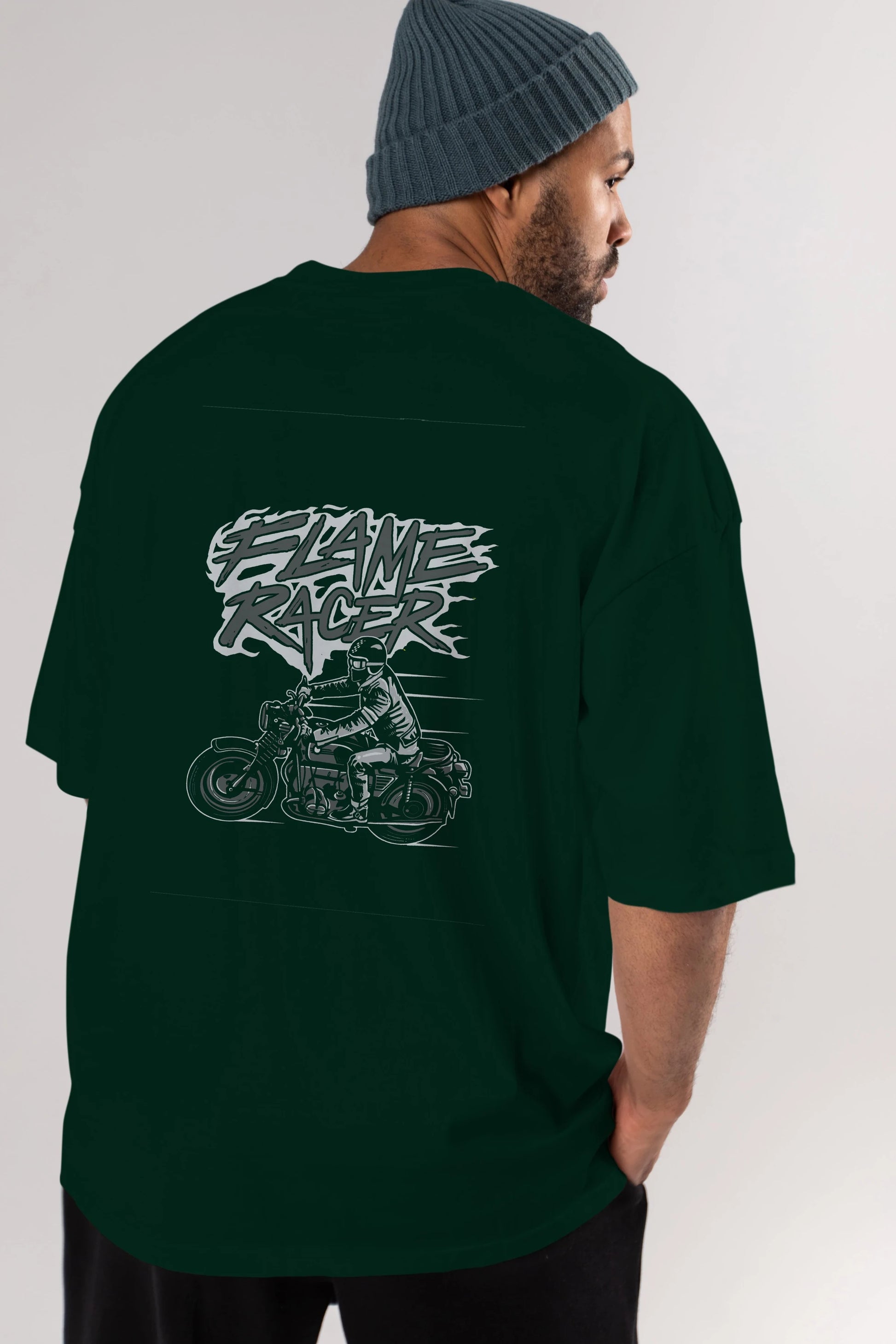 Flame Racer Arka Baskılı Oversize t-shirt Erkek Kadın Unisex %100 Pamuk