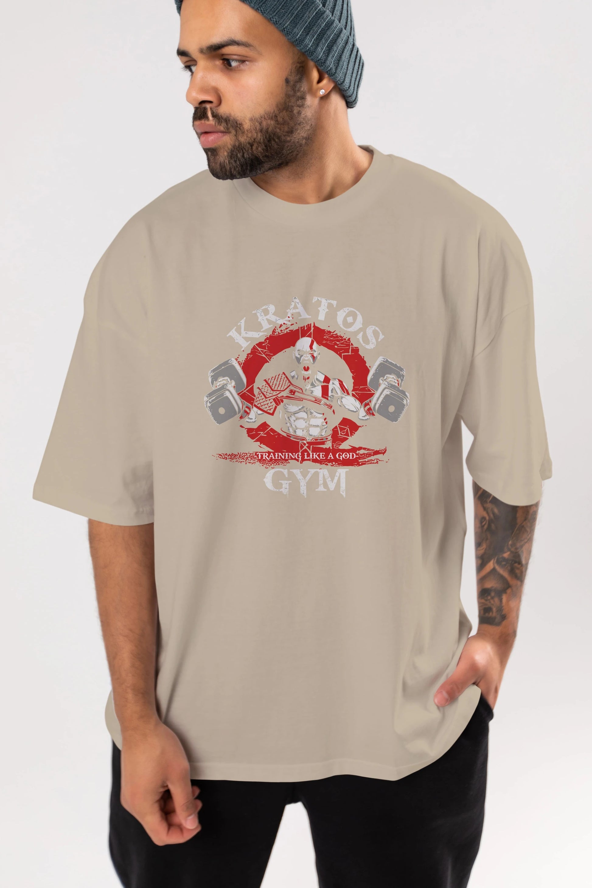Kratos GYM Ön Baskılı Oversize t-shirt Erkek Kadın Unisex %100 Pamuk Bisiklet Yaka tişort