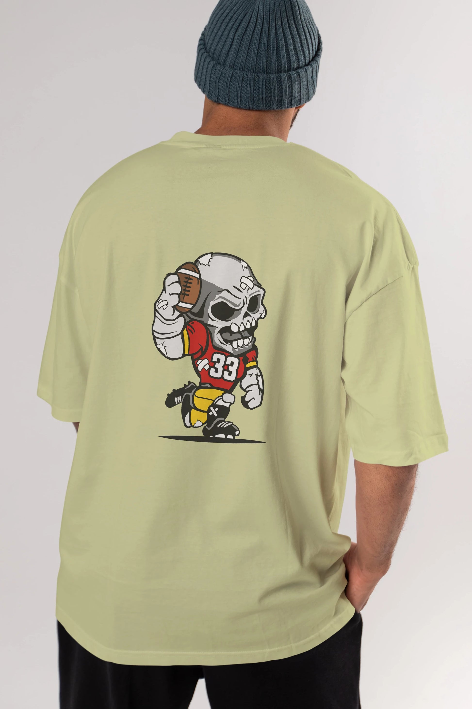 Skull Football Player Arka Baskılı Oversize t-shirt Erkek Kadın Unisex %100 Pamuk tişort
