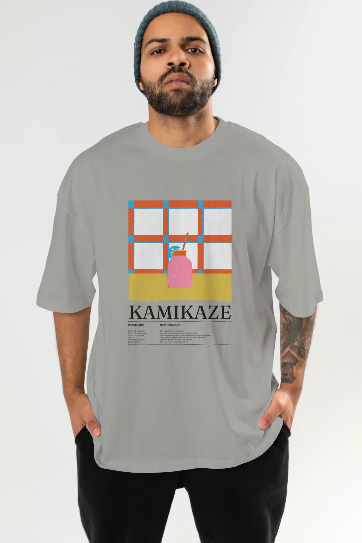 Kamikaze Kokteyl Ön Baskılı Oversize t-shirt Erkek Kadın %100 Pamuk Bisiklet Yaka tişort