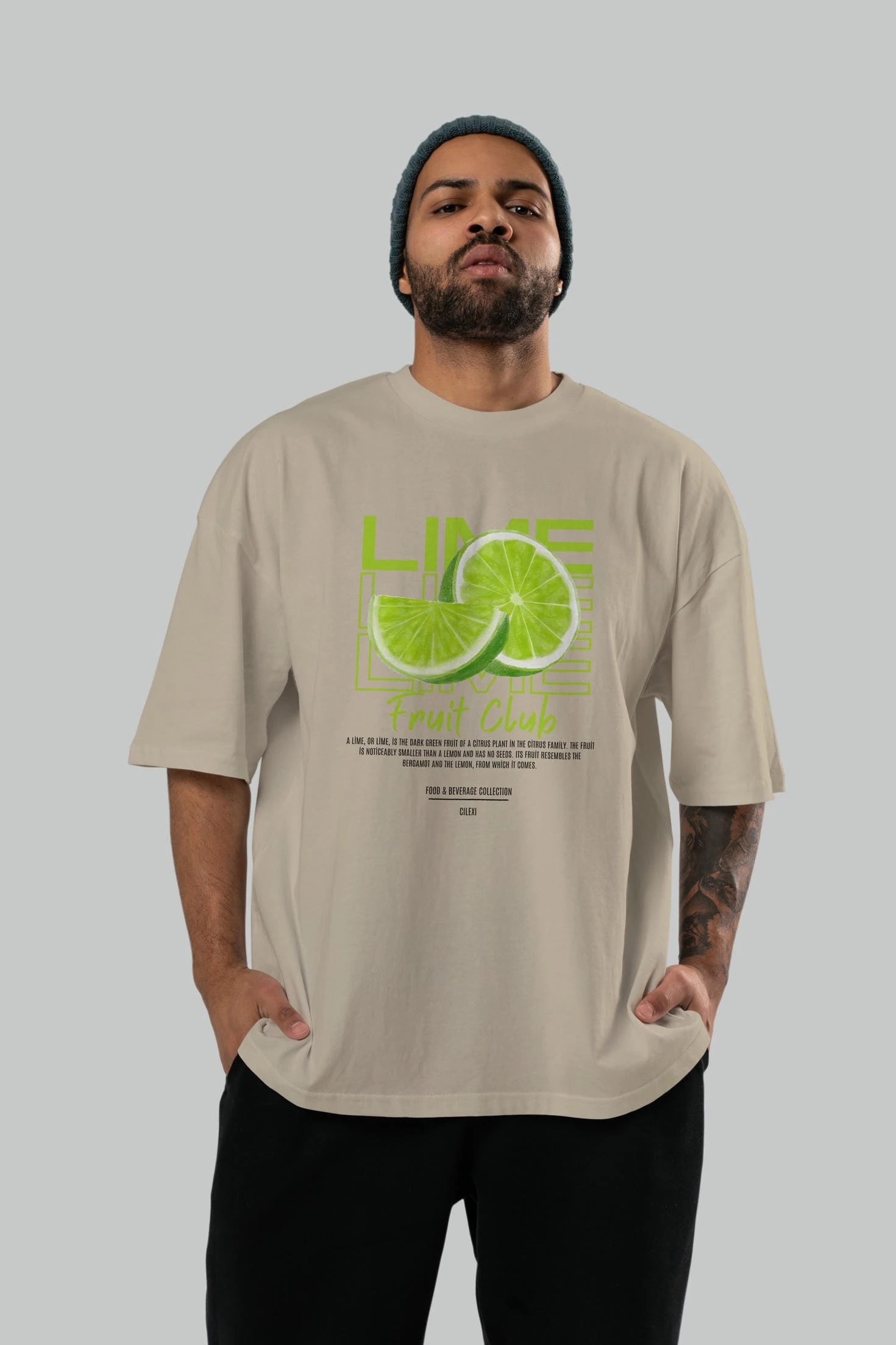 Lime Ön Baskılı Oversize t-shirt Erkek Kadın Pamuk Bisiklet Yaka tişort