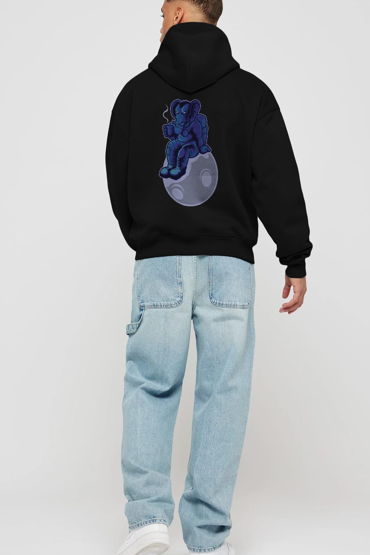 Space Elephant Drink Coffee Arka Baskılı Hoodie Oversize Kapüşonlu Sweatshirt Erkek Kadın Unisex
