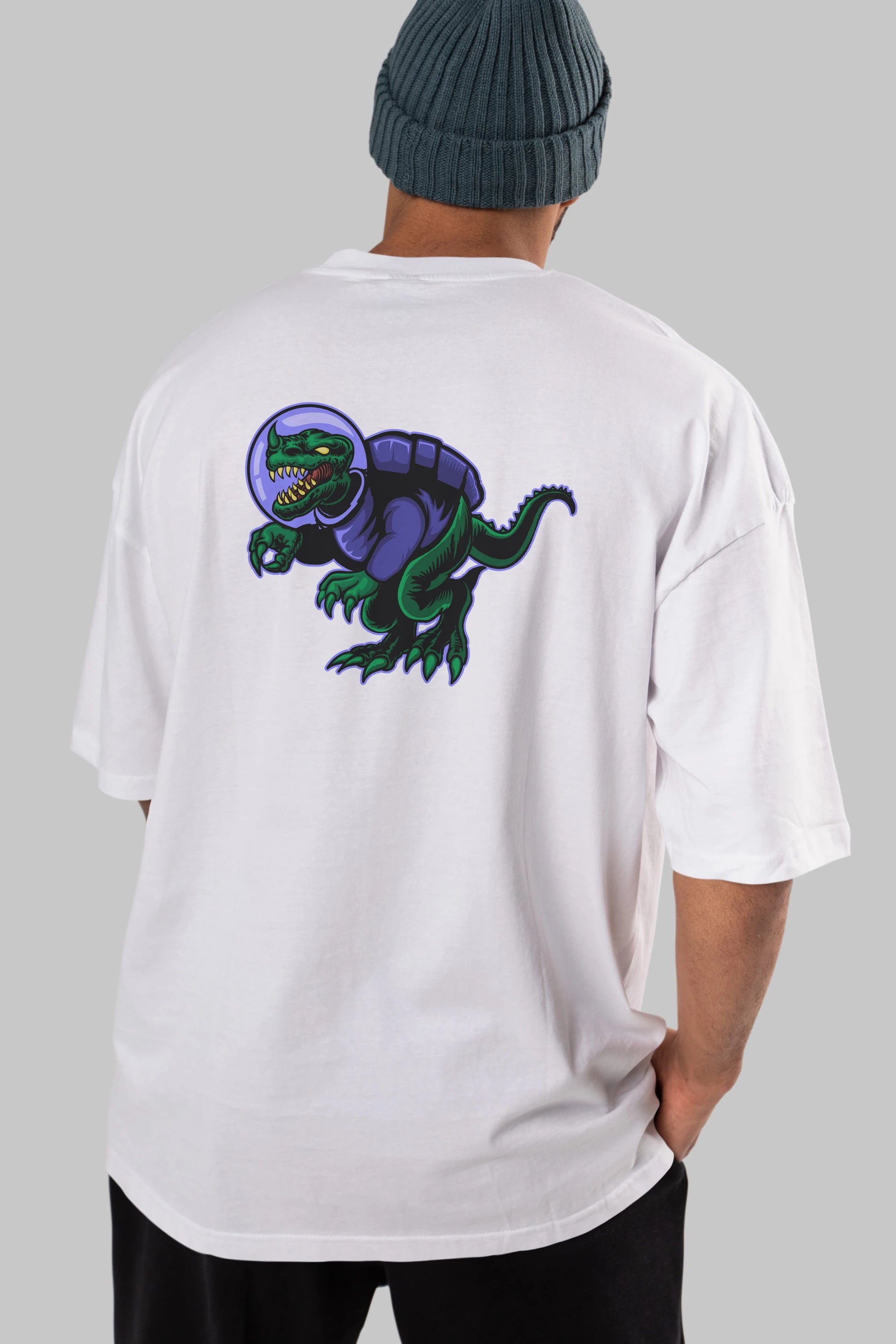 Space Dino Arka Baskılı Oversize t-shirt Erkek Kadın Unisex