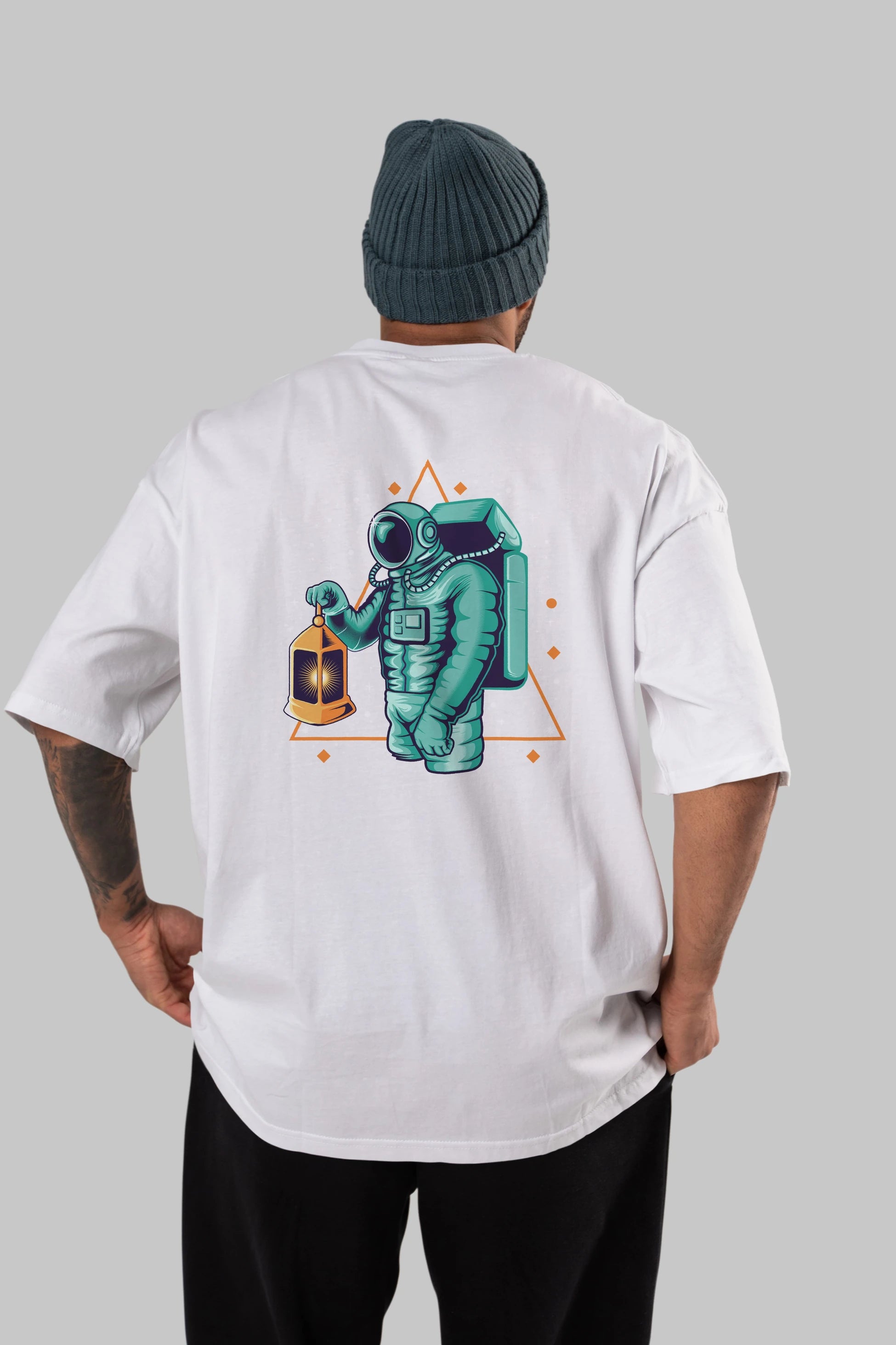 Astronaut Lantern Arka Baskılı Oversize t-shirt Erkek Kadın Unisex