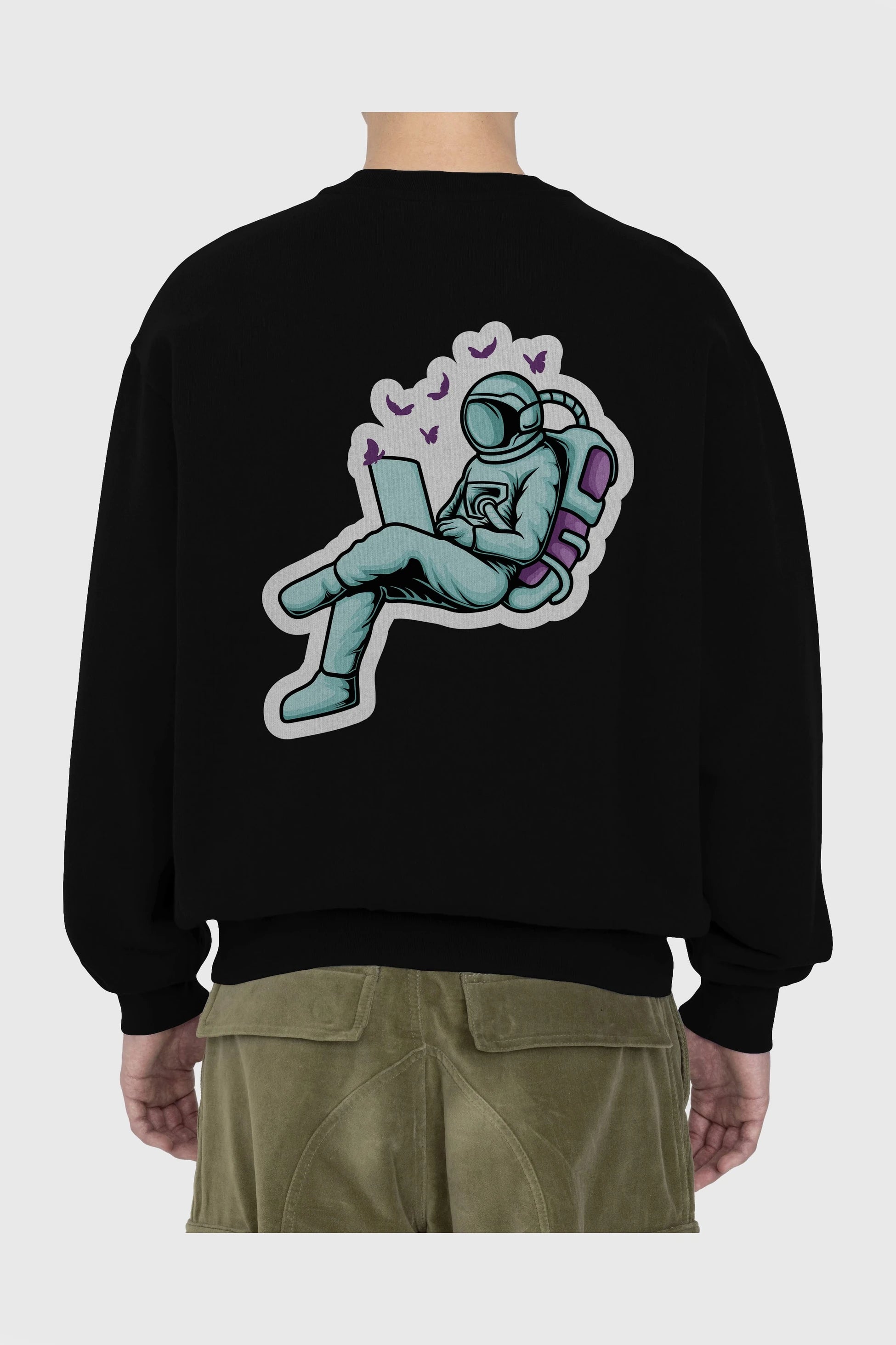 Work with Butterflies in Space Sticker Arka Baskılı Oversize Sweatshirt Erkek Kadın Unisex