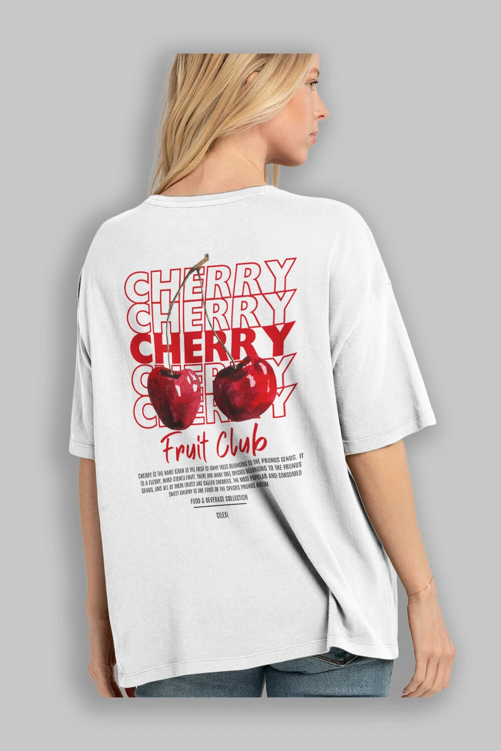 Cherry Arka Baskılı Oversize t-shirt Erkek Kadın Pamuk Bisiklet Yaka tişort