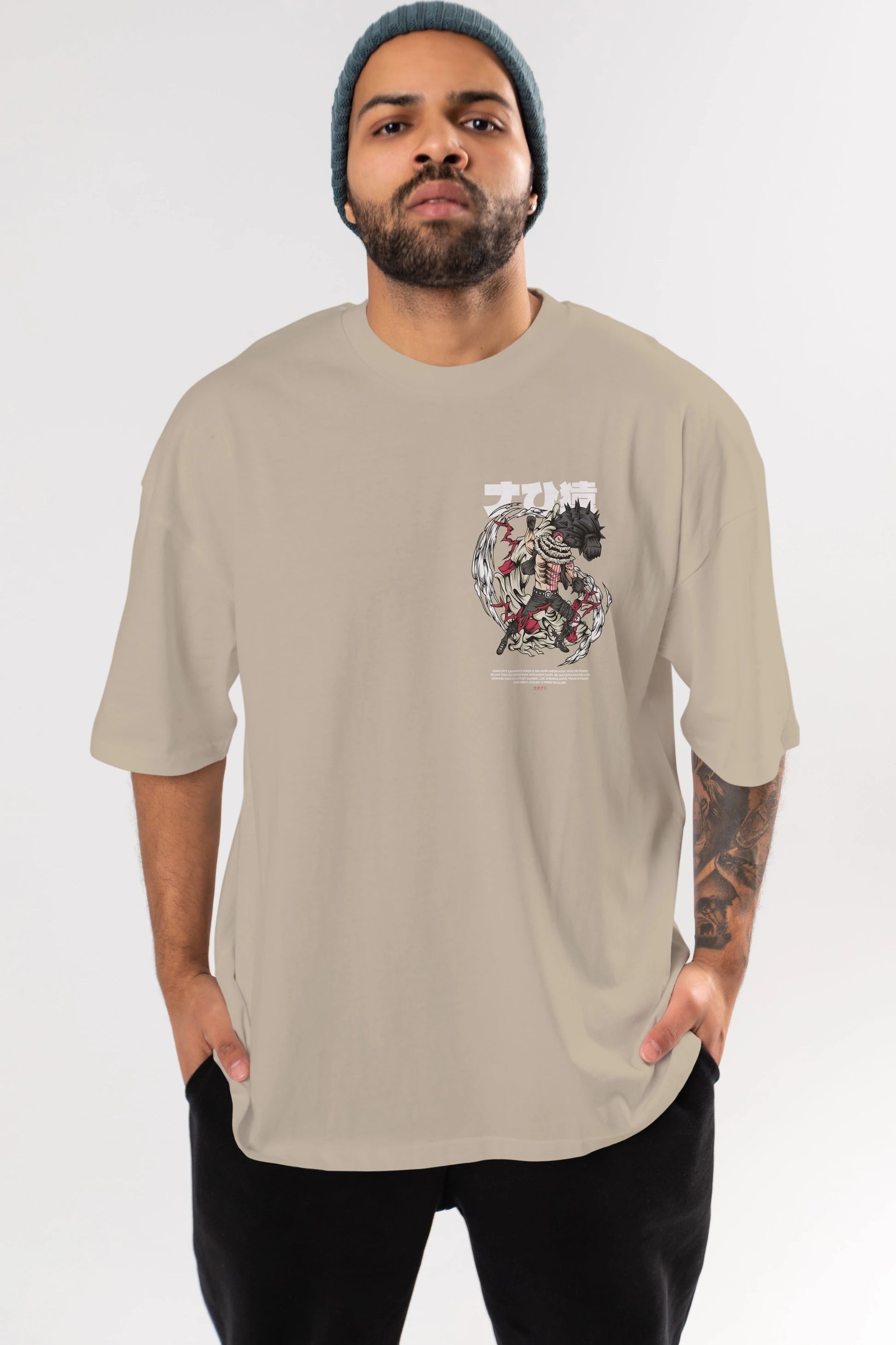 Katakuri Ön Sol Baskılı Oversize t-shirt Erkek Kadın Unisex %100 Pamuk Bisiklet Yaka tişort