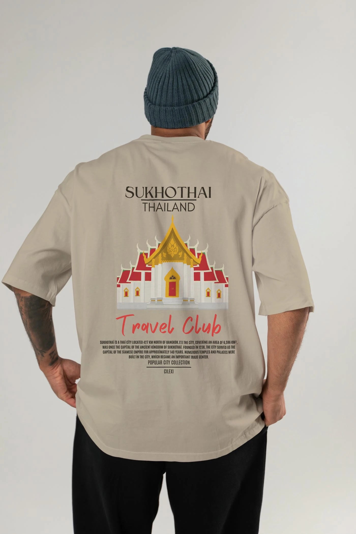 Sukhothai Thailand Arka Baskılı Oversize t-shirt Erkek Kadın Pamuk Bisiklet Yaka tişort