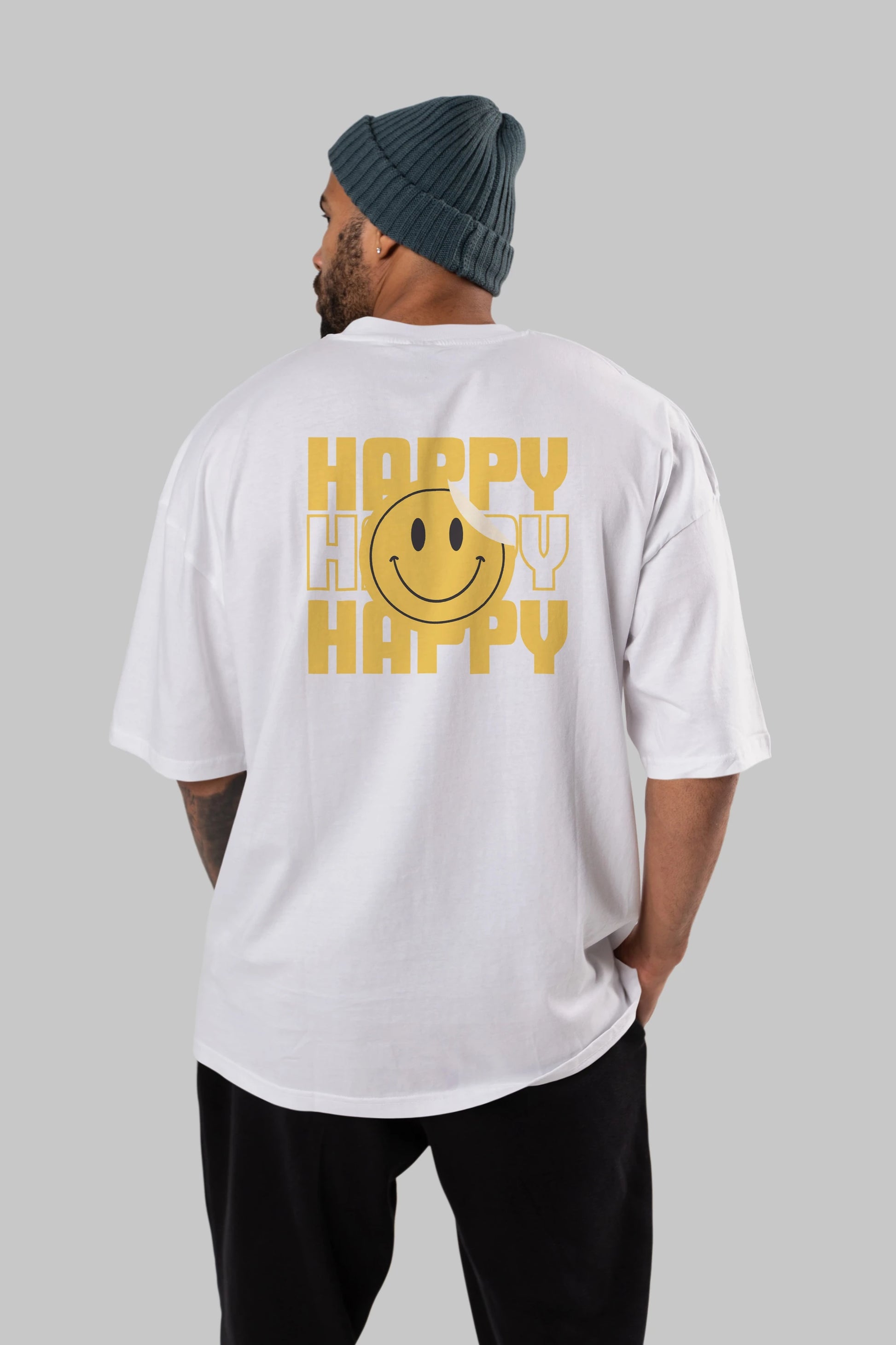 Happy Smile Yazılı Arka Baskılı Oversize t-shirt Erkek Kadın Unisex