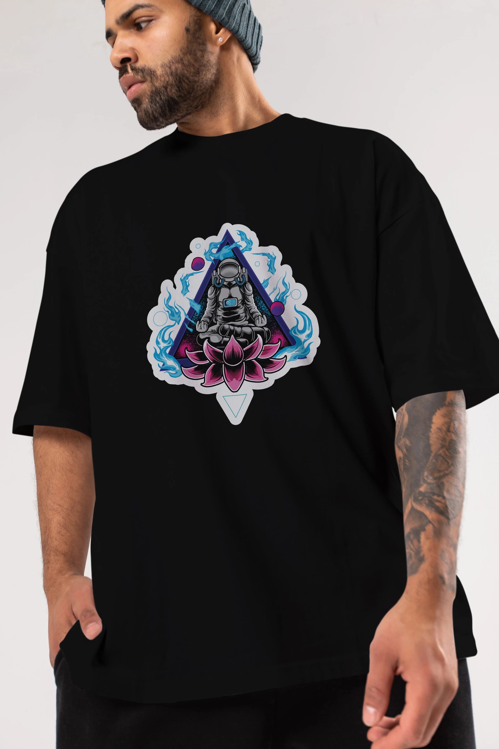 Astronaut Meditation Sticker Ön Baskılı Oversize t-shirt Erkek Kadın Unisex