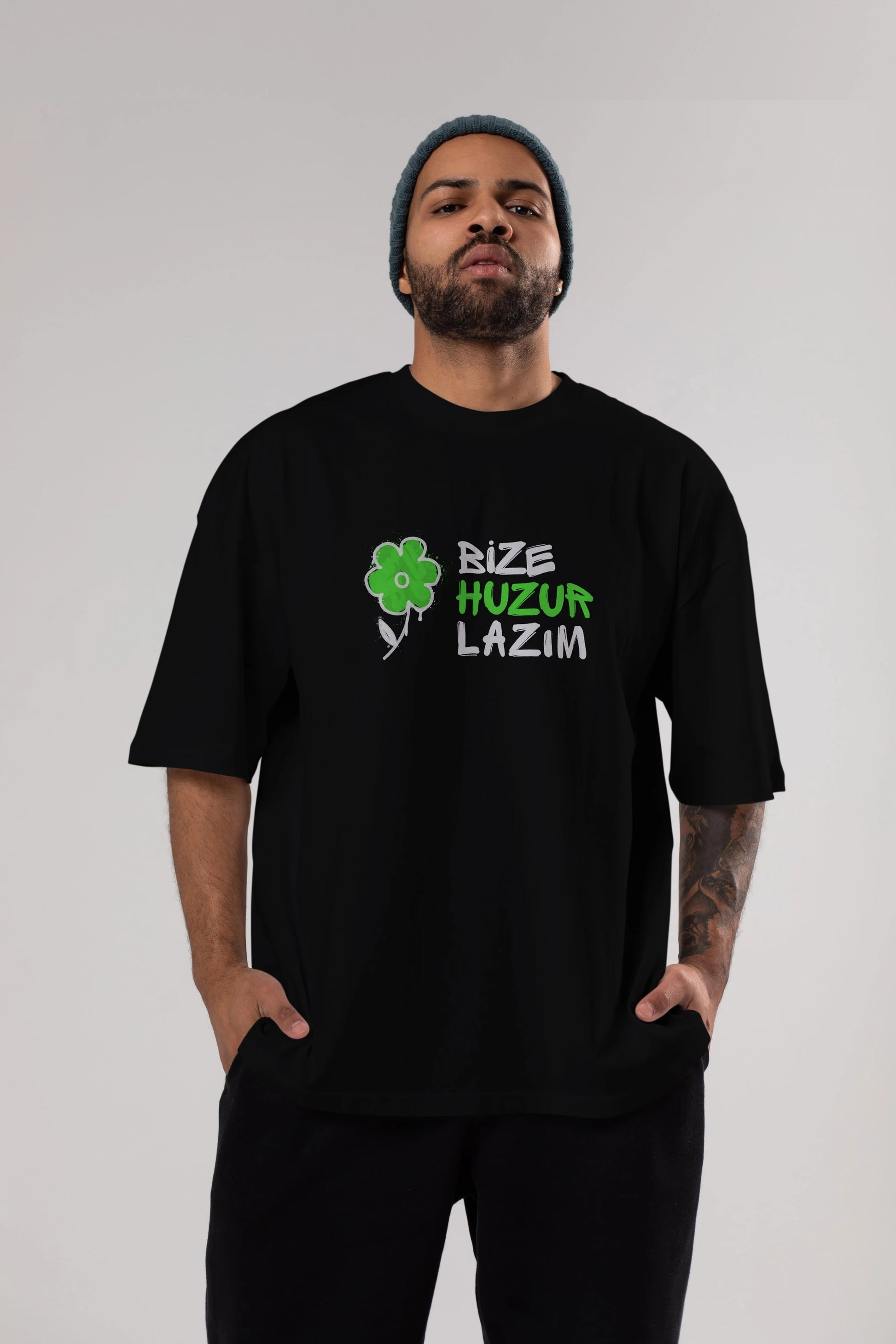 Bize Huzur Lazım Ön Baskılı Oversize t-shirt Erkek Kadın Unisex