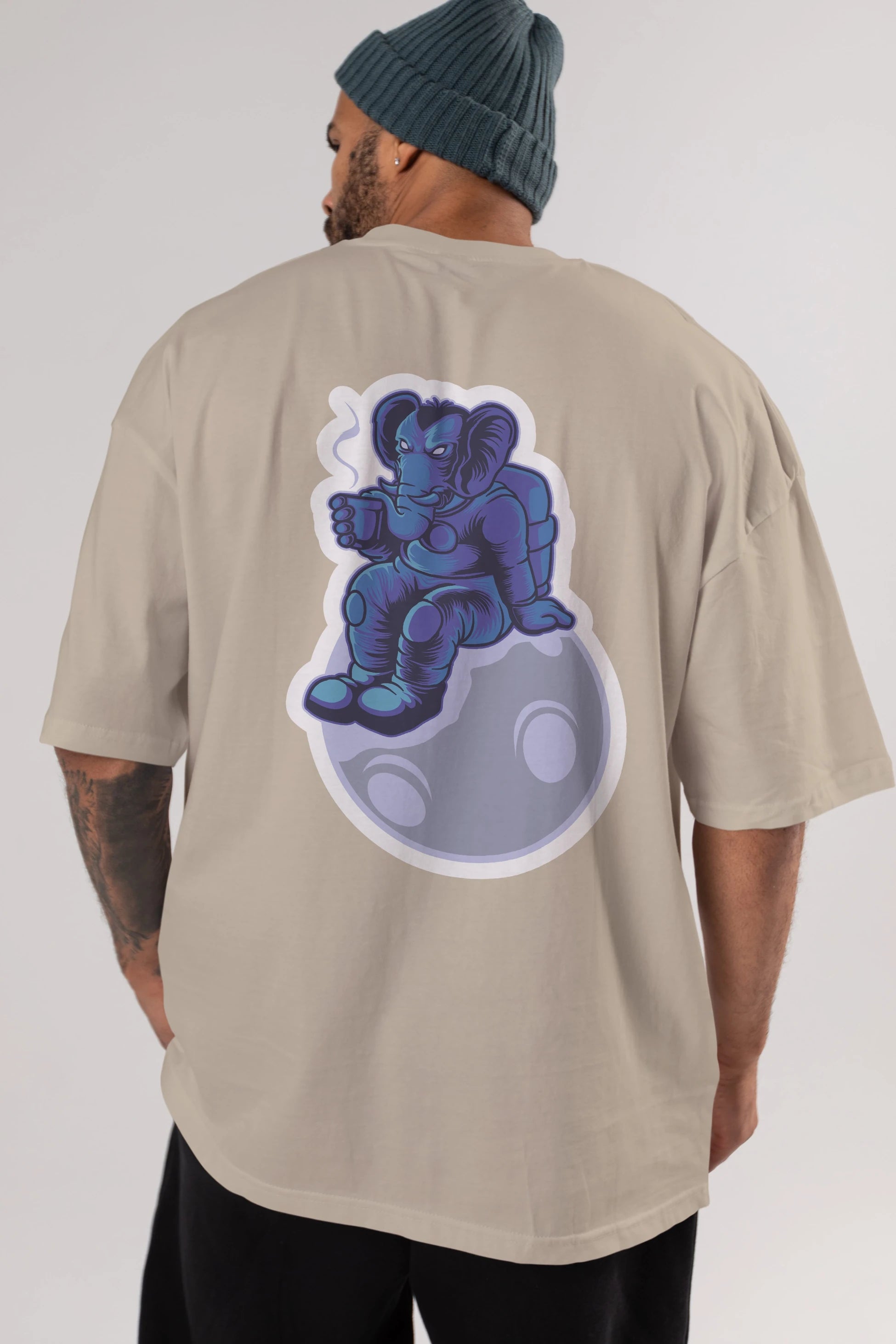 Space Elephant Drink Coffee Sticker Arka Baskılı Oversize t-shirt Erkek Kadın Unisex