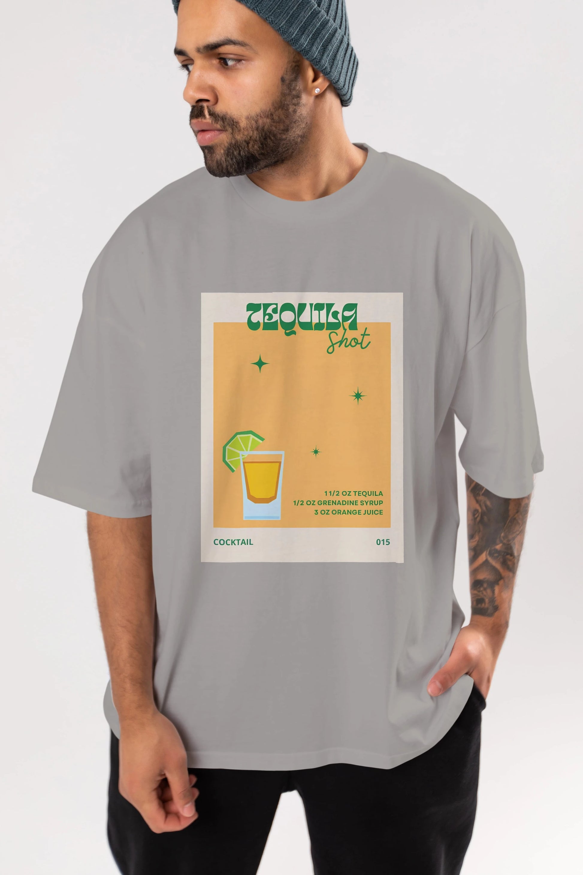 Tequila Shot 2 Ön Baskılı Oversize t-shirt Erkek Kadın Unisex %100 Pamuk Bisiklet Yaka tişort