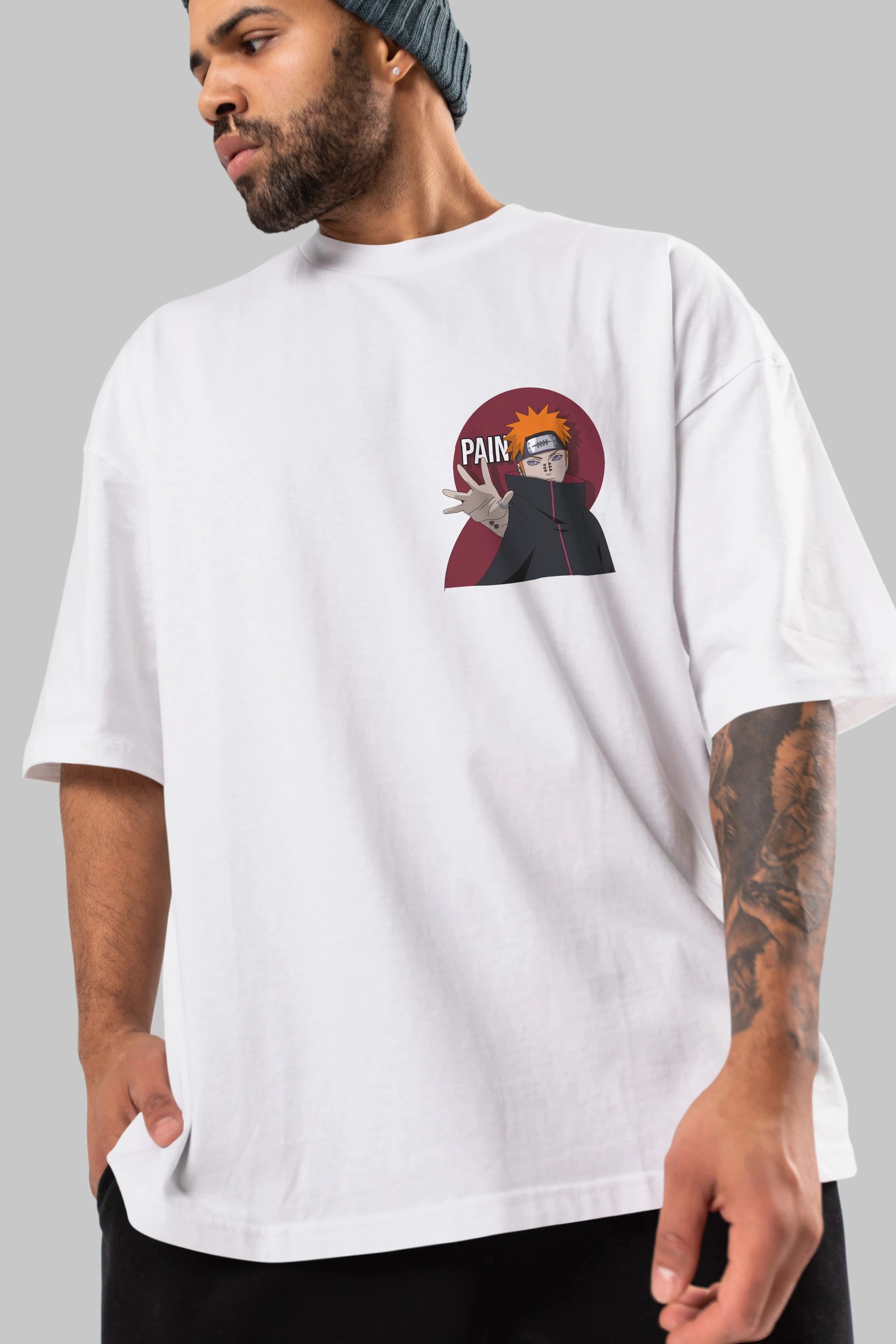 PAIN NARUTO Ön Sol Baskılı Oversize t-shirt Erkek Kadın Unisex %100 Pamuk Bisiklet Yaka tişort