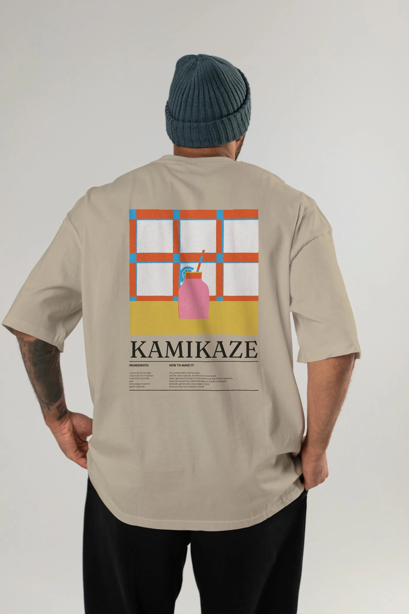 Kamikaze Kokteyl Serisi Arka Baskılı Oversize t-shirt Erkek Kadın %100 Pamuk Bisiklet Yaka tişort