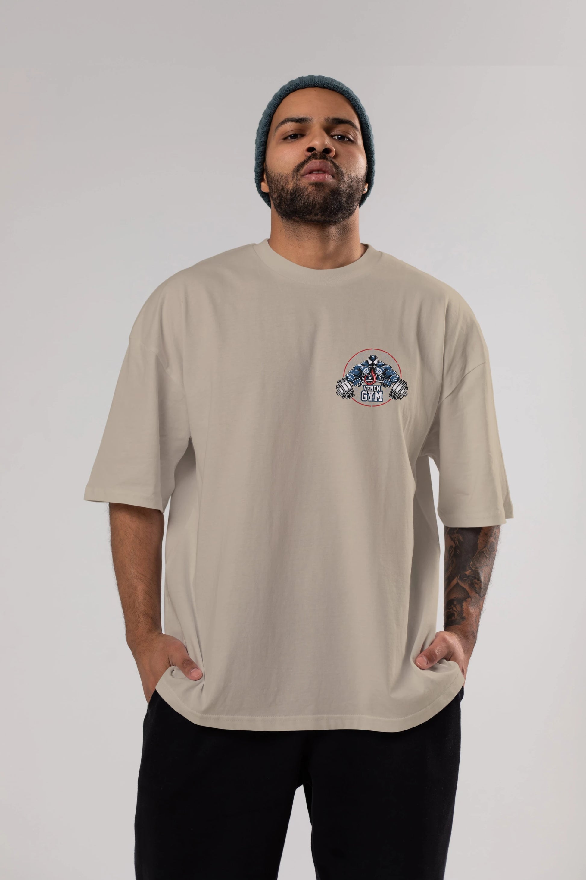 Venom GYM Ön Sol Baskılı Oversize t-shirt Erkek Kadın Unisex %100 Pamuk Bisiklet Yaka tişort