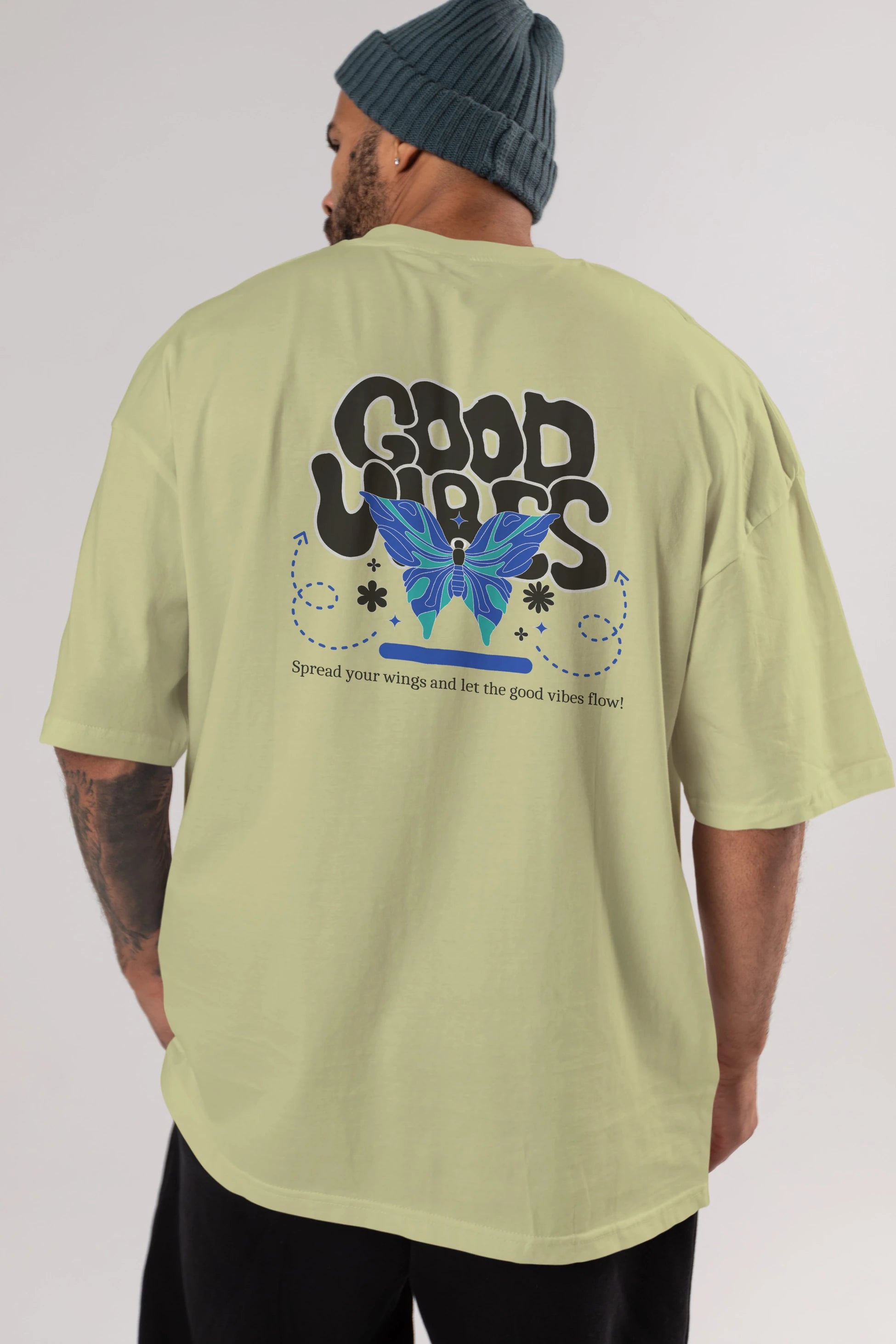 Good Vibes Yazılı 4 Arka Baskılı Oversize t-shirt Erkek Kadın Unisex