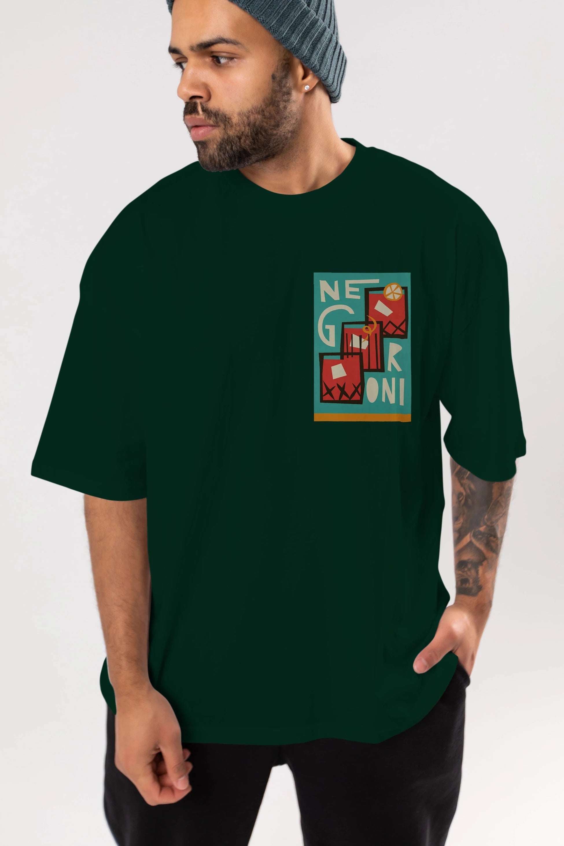 Negroni 3 Ön Sol Baskılı Oversize t-shirt Erkek Kadın Unisex %100 Pamuk Bisiklet Yaka tişort